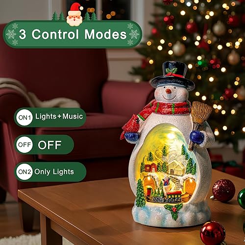 Miniatura 5 de Figura de muñeco de nieve iluminada con tren giratorio animado, adornos de decoración de muñeco de nieve alimentado por batería o USB, luces LED y