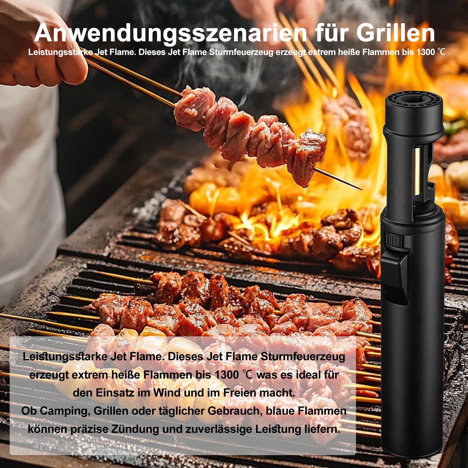 Briquet tempête rechargeable au gaz - Longueur : 18 cm - Avec décapsuleur - Coupe-vent - Pour bougies, cuisson, camping, barbecue, cheminée - Sans gaz
