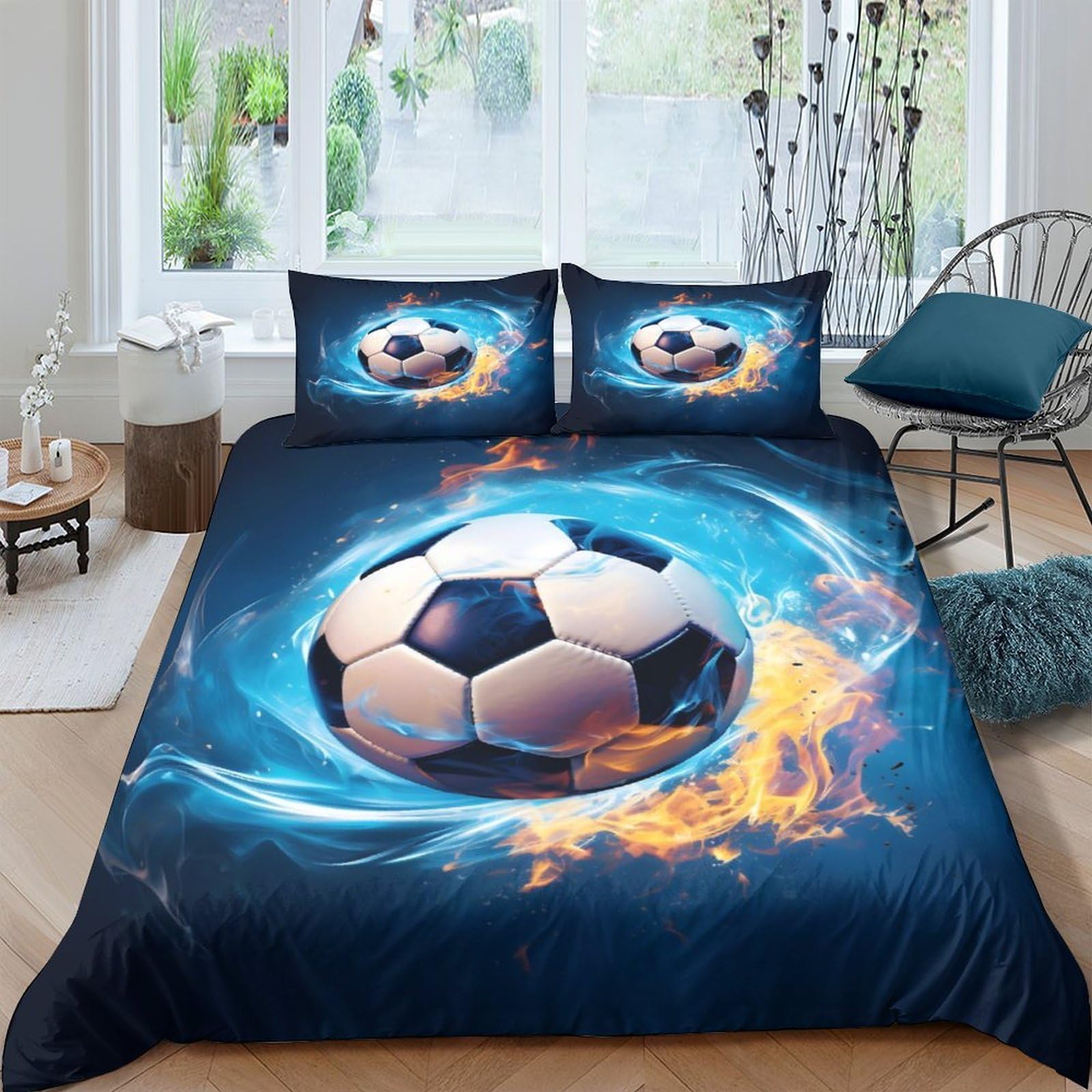 Ctjqhvkz Style-9 3D Printed Soccer Fire Blue Fitted Sheet Microfiber Soft Mattress Cover For Bedroom Guest Room Decor Machine Washable Single（135X200cm）