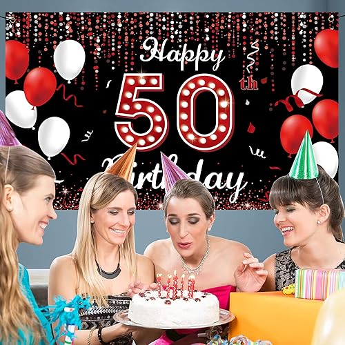 Miniatura 3 de Cartel de fondo de decoración de cumpleaños número 50, decoraciones de feliz cumpleaños 50 para mujeres, rojo, negro y blanco, fiesta de cumpleaños