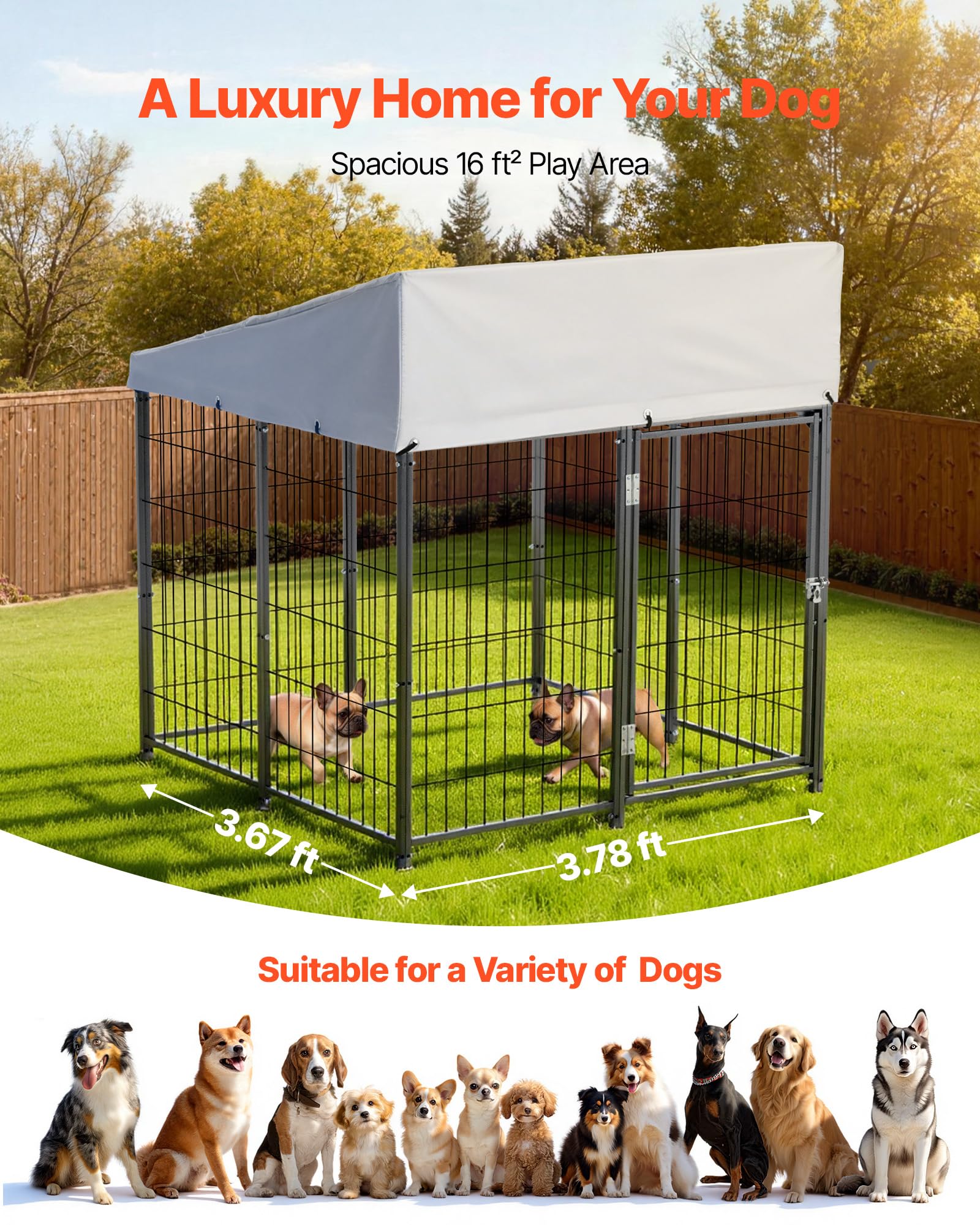 VEVOR Perrera de Exterior, 1,12 x 1,15 x 1,25 m, Parque para Perros con Cerradura y Toldo, Anti-UV Impermeable, Marco Metálico, Caseta de Malla para Perros Medianos en Patio Jardín Terraza, Negro