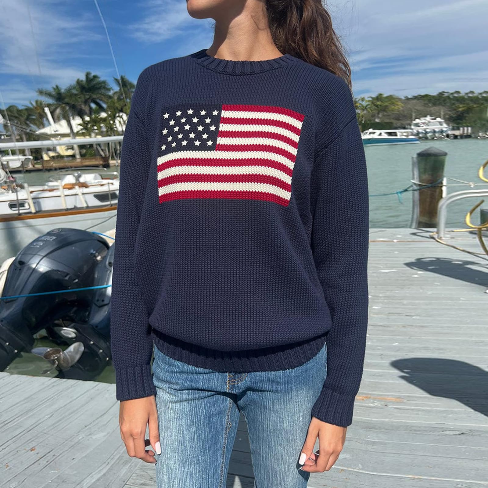 Luckinbaby Maglione con bandiera americana da donna a righe maglioni a stella USA felpa patriottica lavorata a maglia allentata pullover top