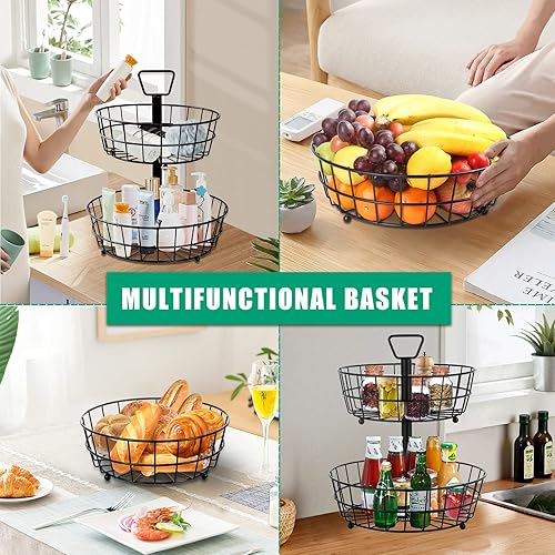 Miniatura 7 de TomCare Cesta de frutas de metal de 2 niveles cesta de pan cesta de frutas desmontable organizador de frutas grande cestas de almacenamiento de Negro