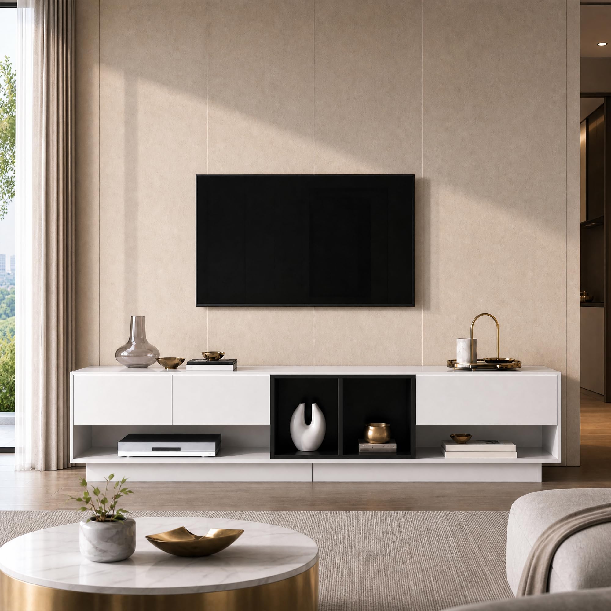 Merax High-Gloss TV Cabinet with Drawers, Lowboard,190 L x 40 B x 42H(cm) Color-Blocking Design in White and Black, Modern Storage Unit with Compartments for Living Room โ image 1