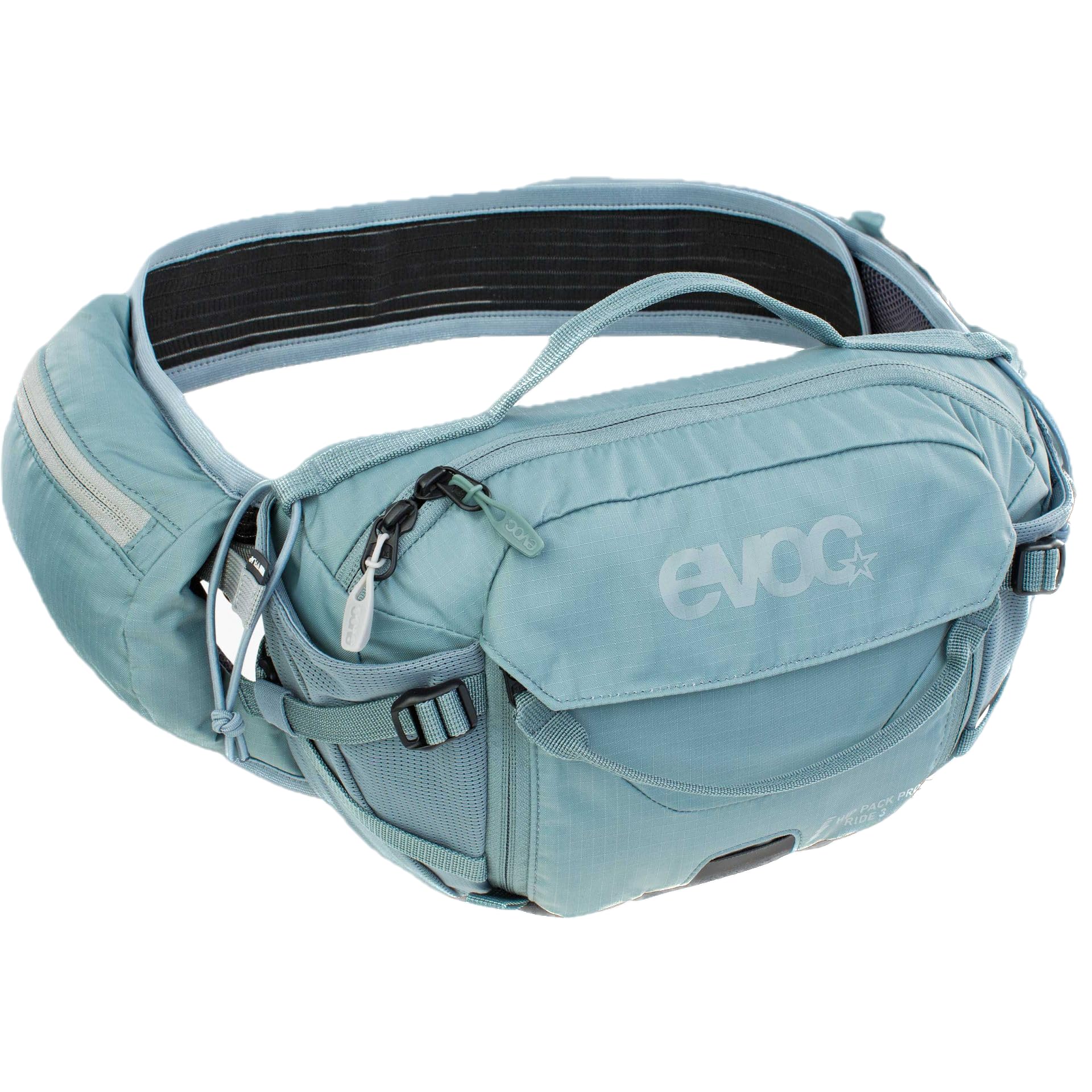 Torba biodrowa EVOC HIP PACK PRO E-RIDE 3 na wycieczki rowerowe i szlaki (pojemność 3 l, AIRFLOW CONTACT SYSTEM, pas biodrowy AIRO FLEX, system VENTI FLAP, koszyk na bidon), kolor: stalowo-szary