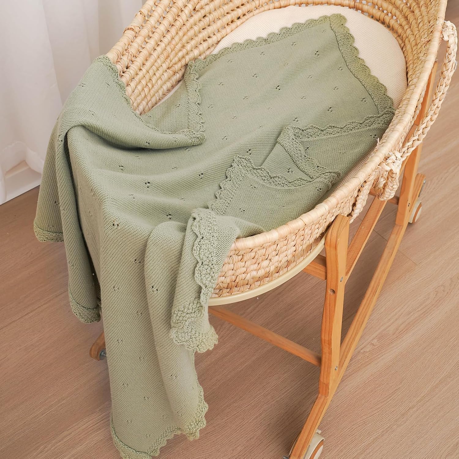 LAWKUL Organic Cotton Baby Blanket for Newborn Boys Girls, Knitted Crochet Receiving Blankets Crib Nursery Swaddle, 30x40 Inch (Light Green)