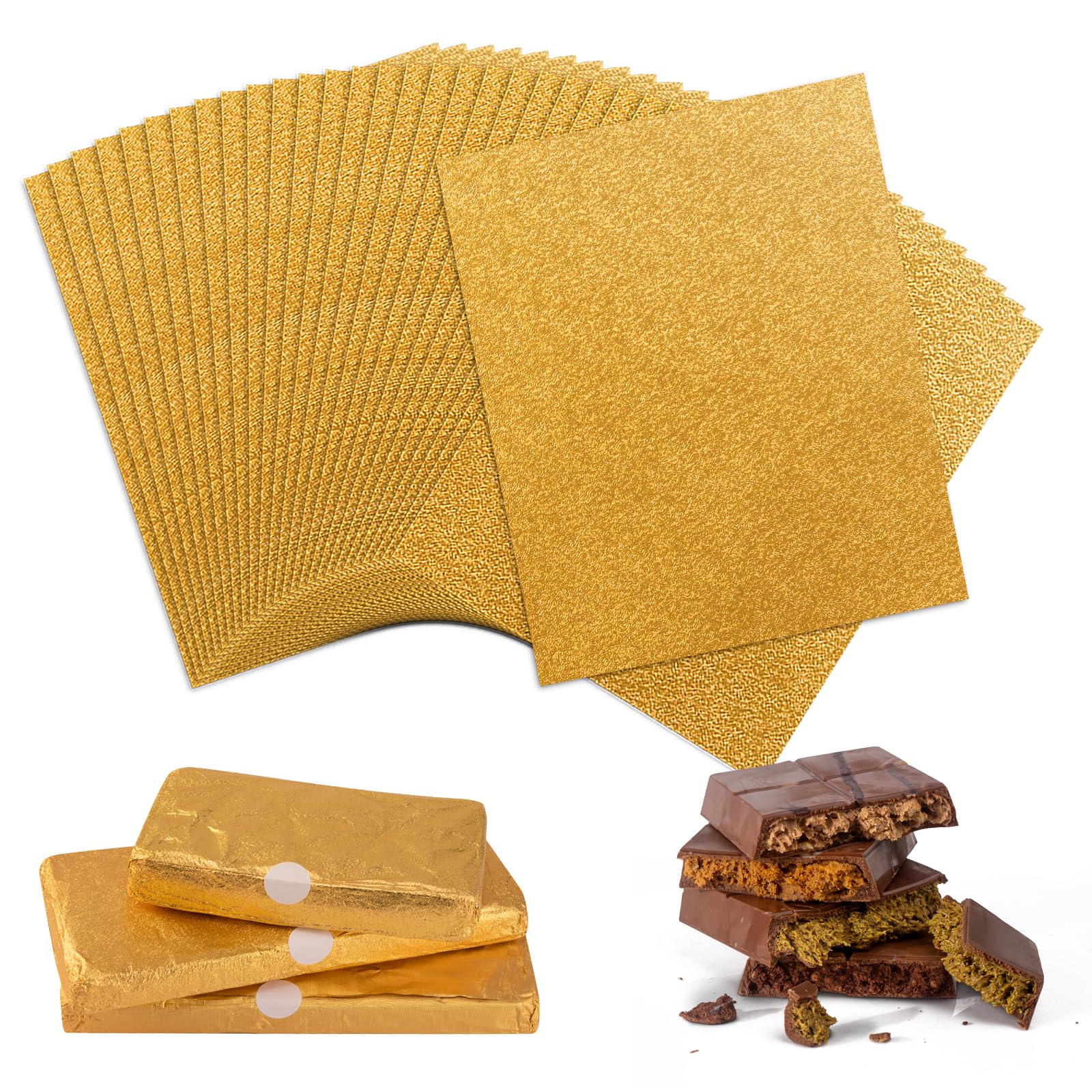 100 PCS Chocolate Bar Wrappers, Gold Aluminum Foil, 25×20 cm/9.84×7.87 inch – with 120 Sealing Stickers, Dubai Chocolate Paper Wrappers, Candy Wrappers, Gift Packaging, Decoration, DIY Crafts