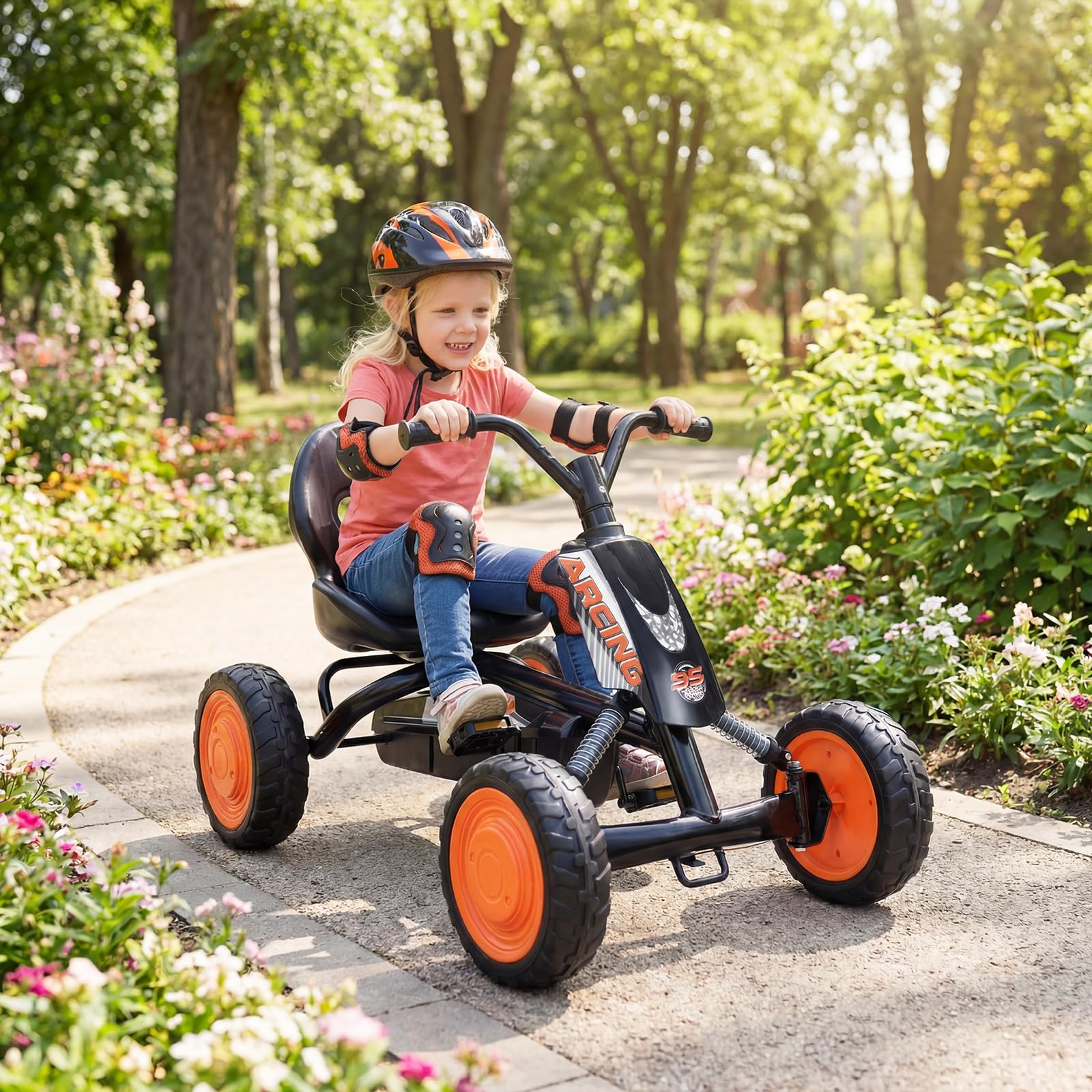 KOMFOTTEU Go Kart per Bambini 3-8 Anni, con Sedile Regolabile, Nero