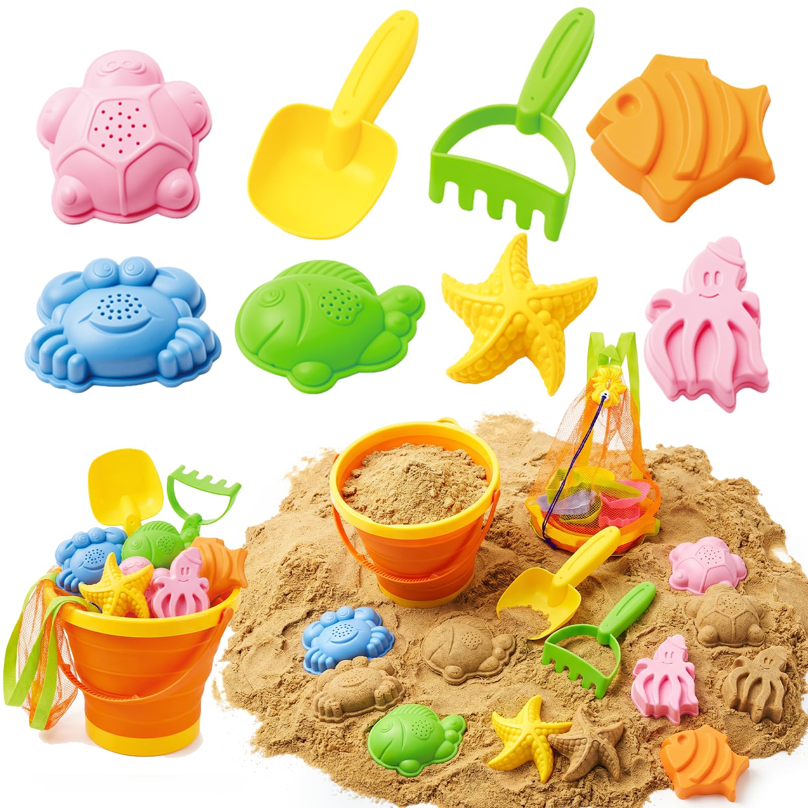 Beach Sand Toys Set for Toddlers, Portable Travel Beach Toys with Collapsible Bucket, Shovel, Rake, Molds & Mesh Storage Bag for Kids, Summer Gift (Sunset Orange)