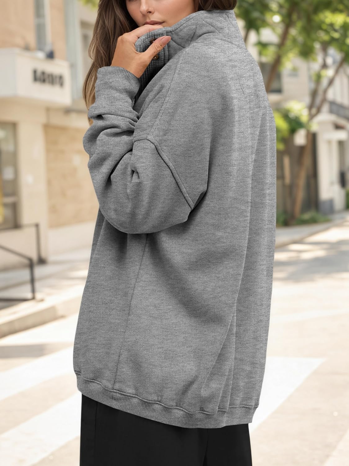 Fisoew Womens Oversized Sweatshirt Casual Snap Stand Collar Long Sleeve Pullover Tops Fall Travel Outfits - Image 3