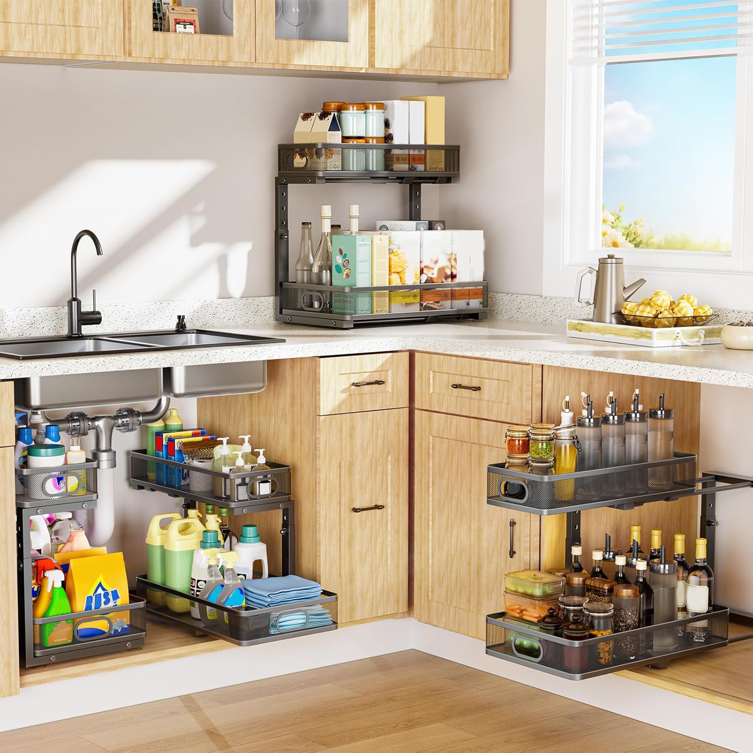 Under Sink Organizer, High Adjustable 2 Tier Under Sink Organizers and Storage, Slide Out Metal Cabinet Organizers, Pull Out Sink Storage Drawer Shelf for Kitchen Bathroom Cabinet, Black, 1 Pack - Image 7