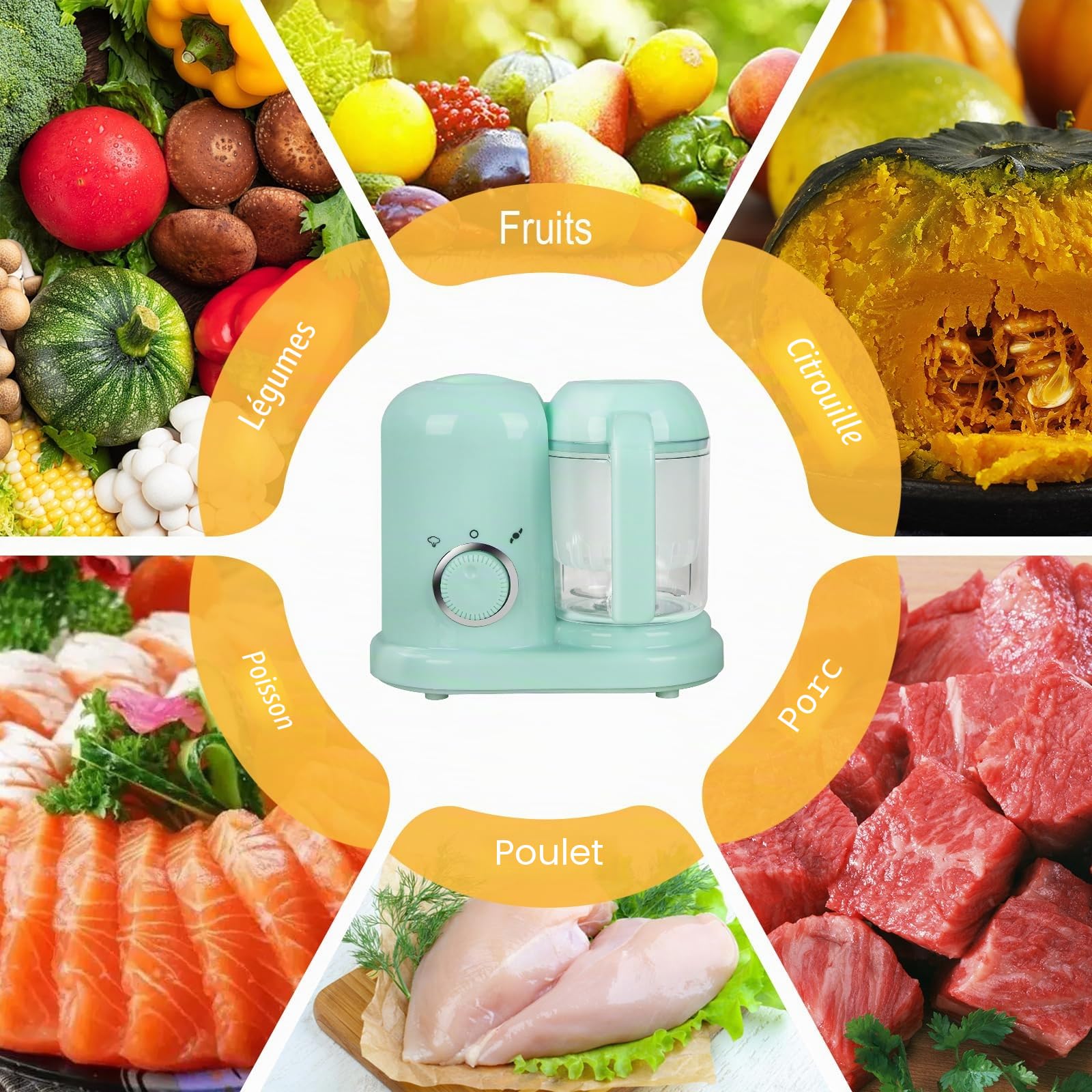 Robot multifonctions 4 en 1, préparateur d'aliments pour bébés, diversification alimentaire, cuiseur vapeur, mixeur, décongélation, réchauffage, cuisson vapeur douce, cuisson vapeur rapide (Vert)