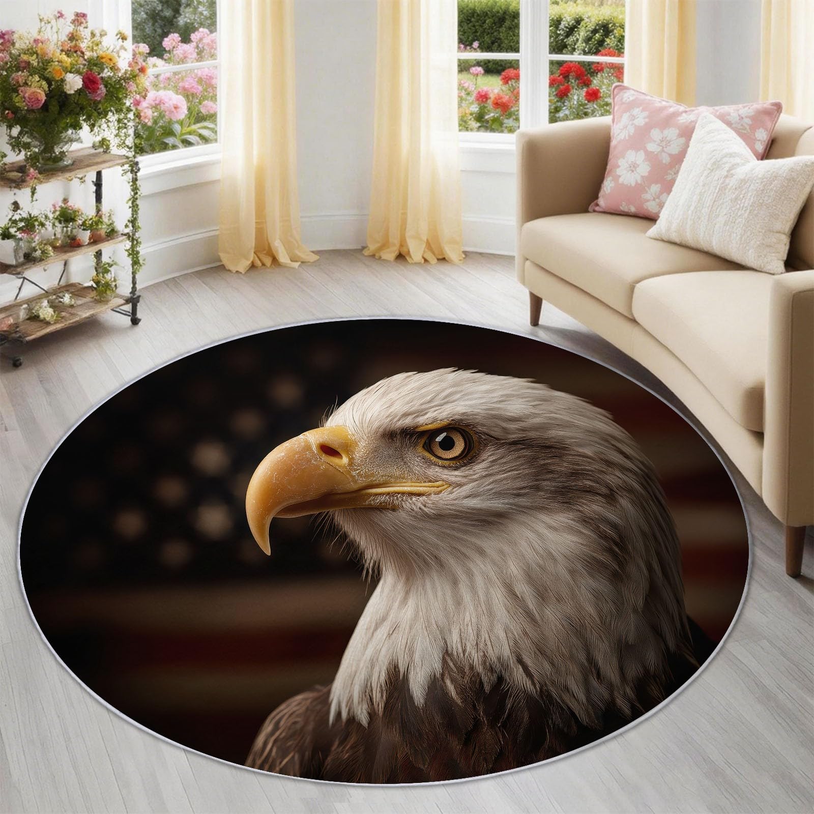 Alfombra Redonda 150 cm Multicolor Realista Animales Águila Bandera, Alfombra Pelo Corto para Salón, Dormitorio y Oficina, Antideslizante y Lavable, Apta para Robot Aspirador, Suelo