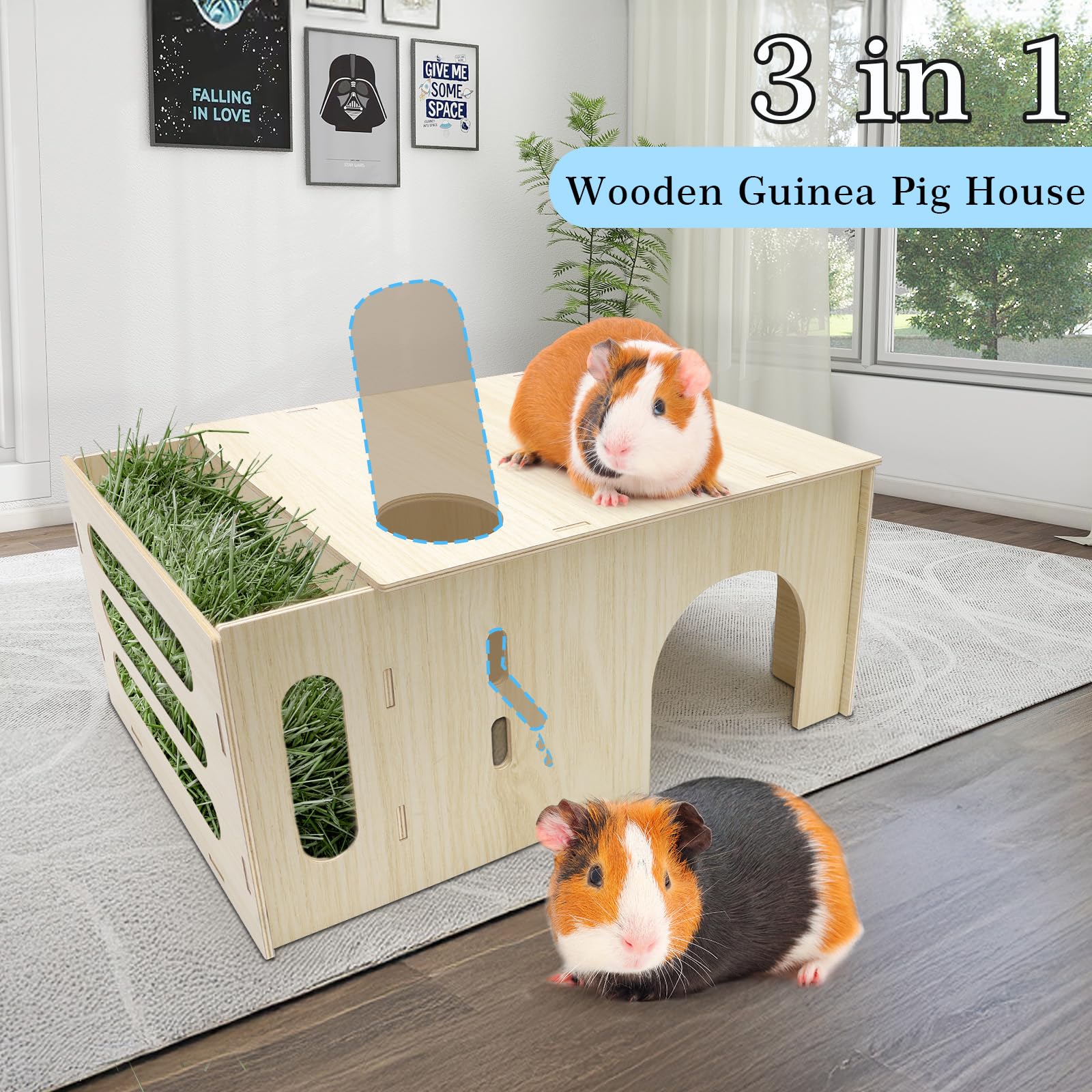3 in 1 Portafieno per porcellini d'India, accessori in legno per porcellini d'India con portafieno, portaborraccia e casetta, 40 x 17 x 24 cm, per piccoli animali come conigli nani