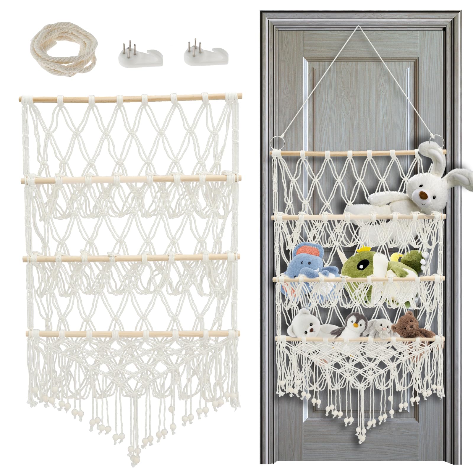 Stuffed Animal Storage Hammock, 3-Layer Macrame Storage Net, Large Capacity Over Door Organizer for Stuffies, Hanging Toy Organizer Plush Doll Holder for Kindergarten Playroom Bedroom Kids (Beige)