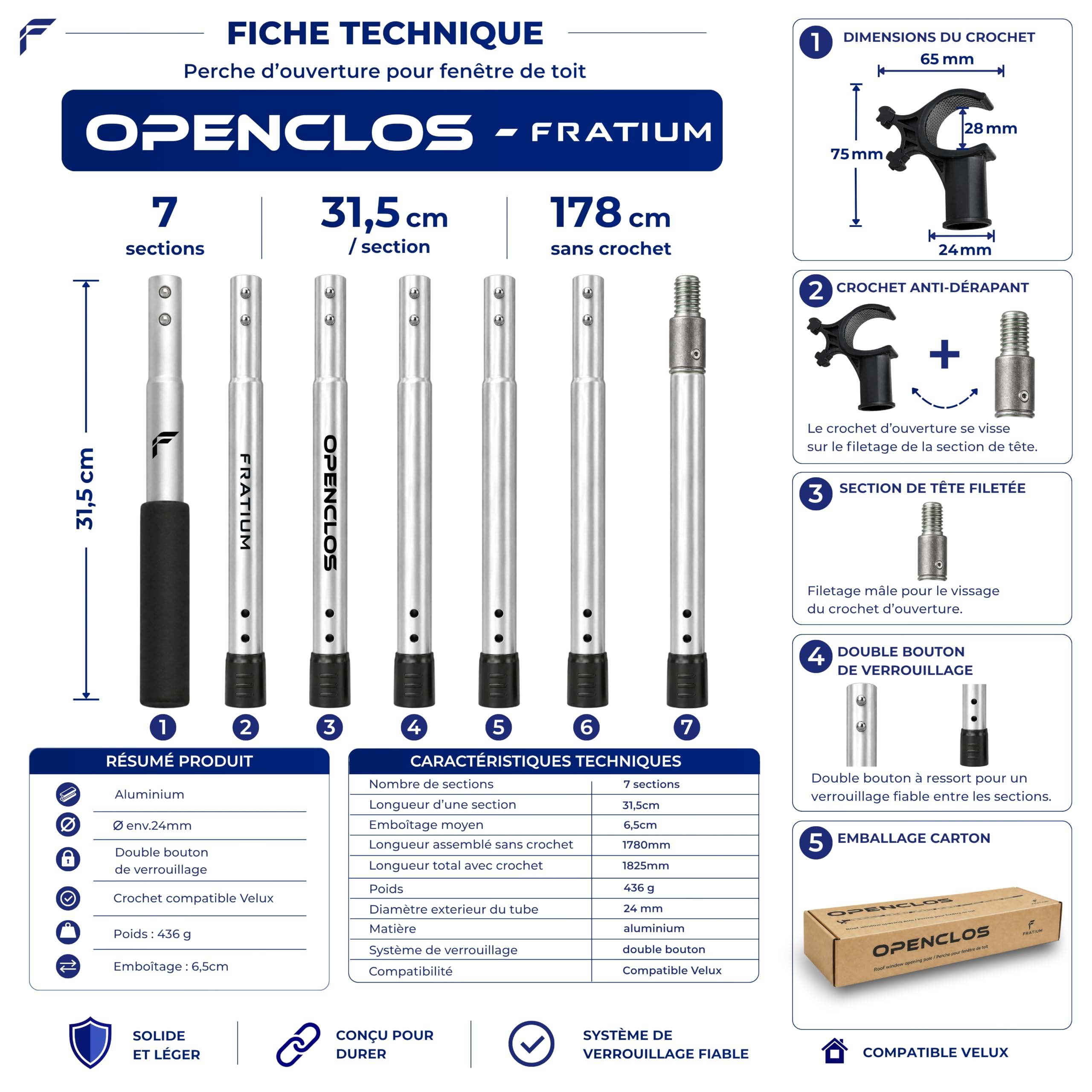 OPENCLOS Perche Canne Barre pour Fenêtre de Toit, Store Occultant, Moustiquaire, Compatible Velux GGL, GGU, GPU, GHL | Crochet Anti-Dérapant, 7 Sections Aluminium, 182 cm