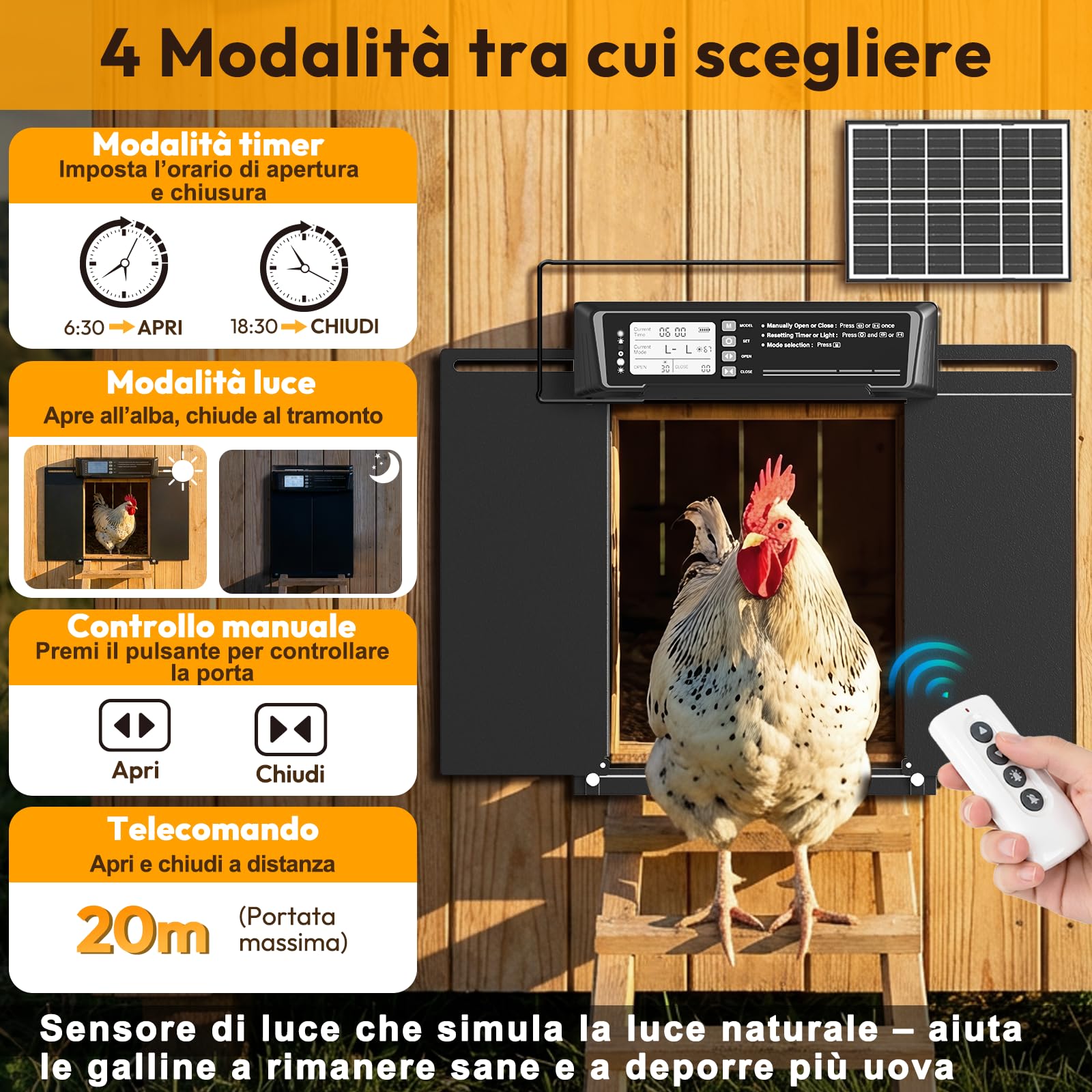Porta Automatica Pollaio Solare con Funzione Manuale e Timer, Porta Pollaio Automatica Solare Anti-schiacciamento | Lega di Alluminio | Telecomando | Batteria ad Alta Capacità | Grande Pannello Solare