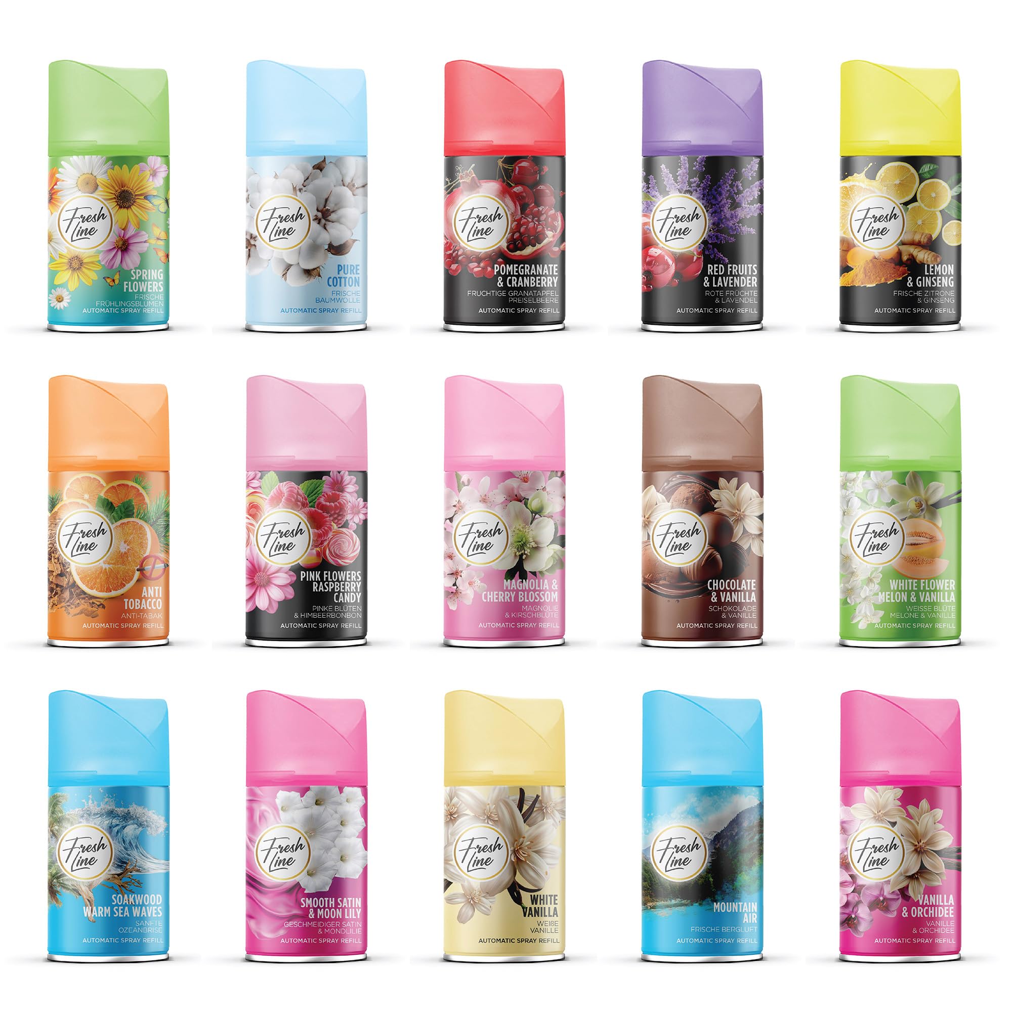 Fresh Line Lufterfrischer Set MIX PAKET 24 er Pack Aromatischer Raumduft passend für alle Automatische Duftspender, Sprühgeräte, Maschinen, Erfrischendes Aroma, Duftintensität, Zeit Einstellung