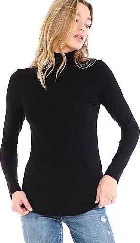 Miniatura 2 de SSOULM Camiseta básica elástica básica de manga larga para mujer, cuello alto, dobladillo curvado, cuello alto, S