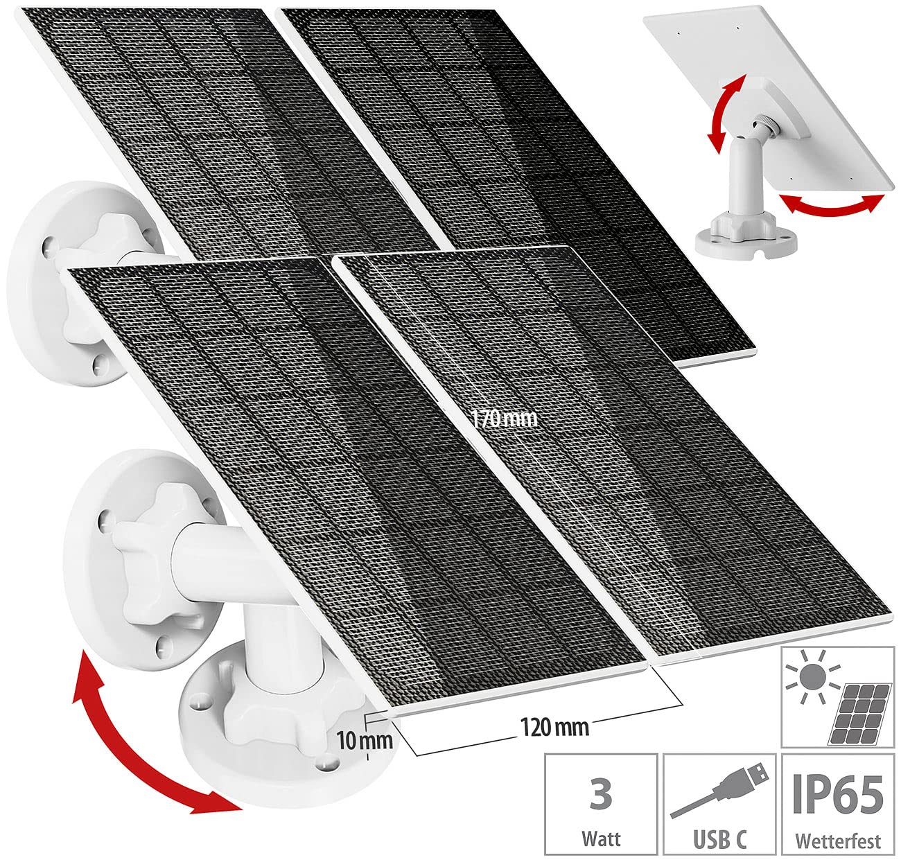revolt montaggio a parete per pannelli solari: Solar panel for IP battery surveillance cameras, USB-C charging port, 3 watts (pannello solare 5v, cella solare 5V, batteria)