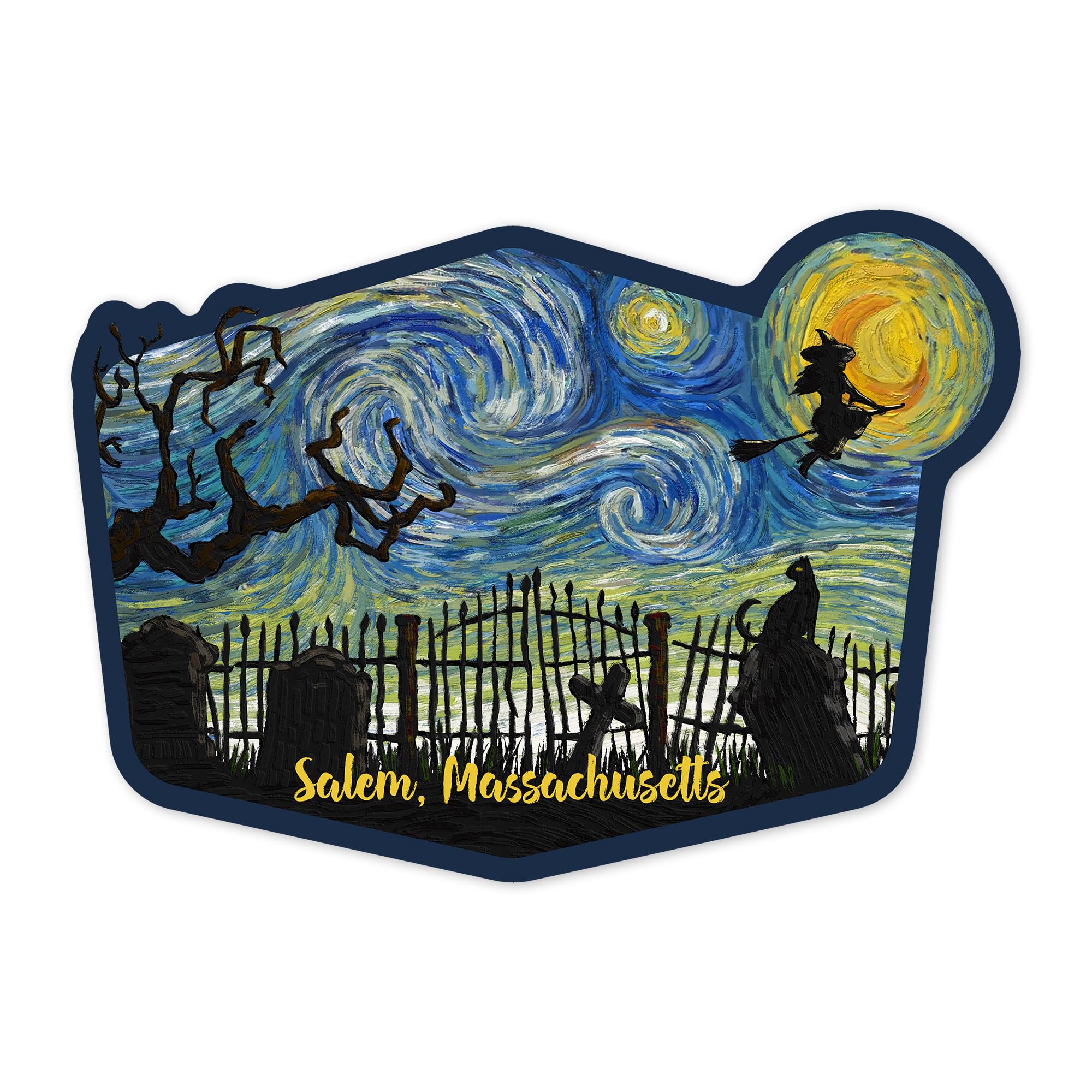 Lantern Press Sticker Salem, Massachusetts, Starry Night, Graveyard, Die Cut Vinyl, (Waterproof Decal for Cars, Water Bottles, Laptops, Coolers),