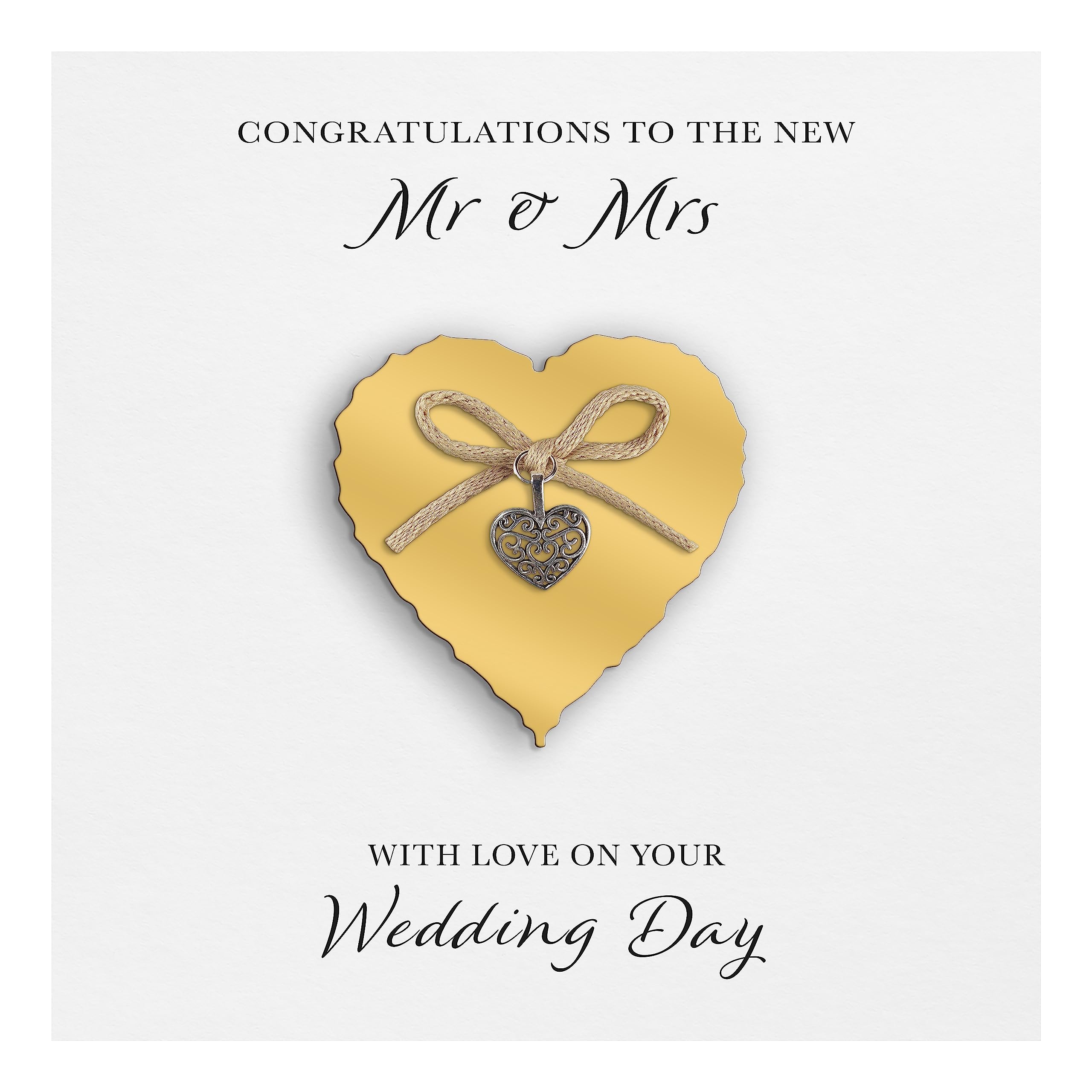 Wedding Day Card "Heart Charm & Bow" - Handmade UK (Gold Heart, White Cardstock)