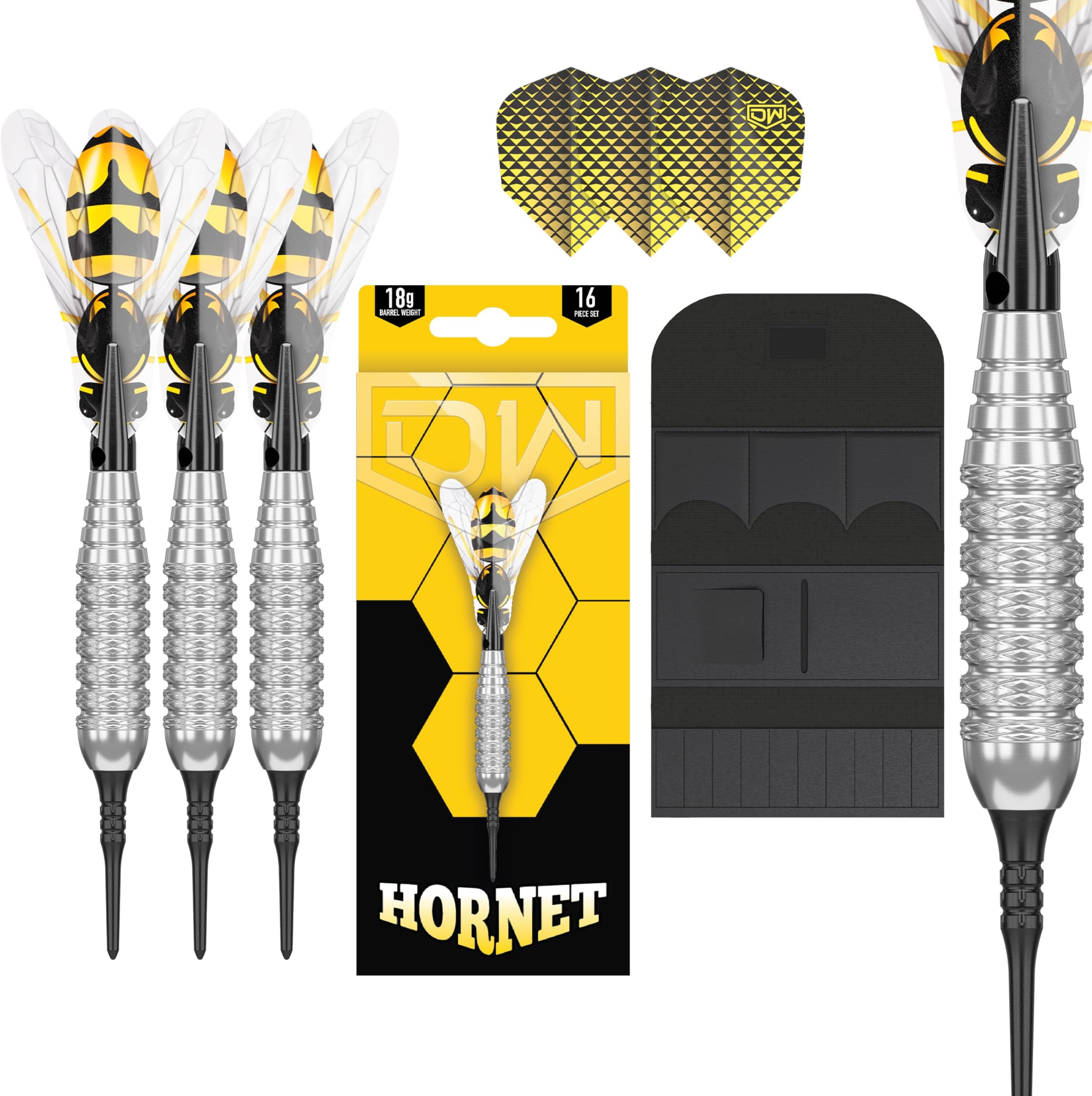 Dart World Hornet Brass Soft Tip Darts, 18G | Pixel Tip Dart Set with Spare Flights and Storage Case Wallet, Plastic Tips, Fun Darts Gift Set, Torpedo Dart Barrels, Professional Darts Accessories