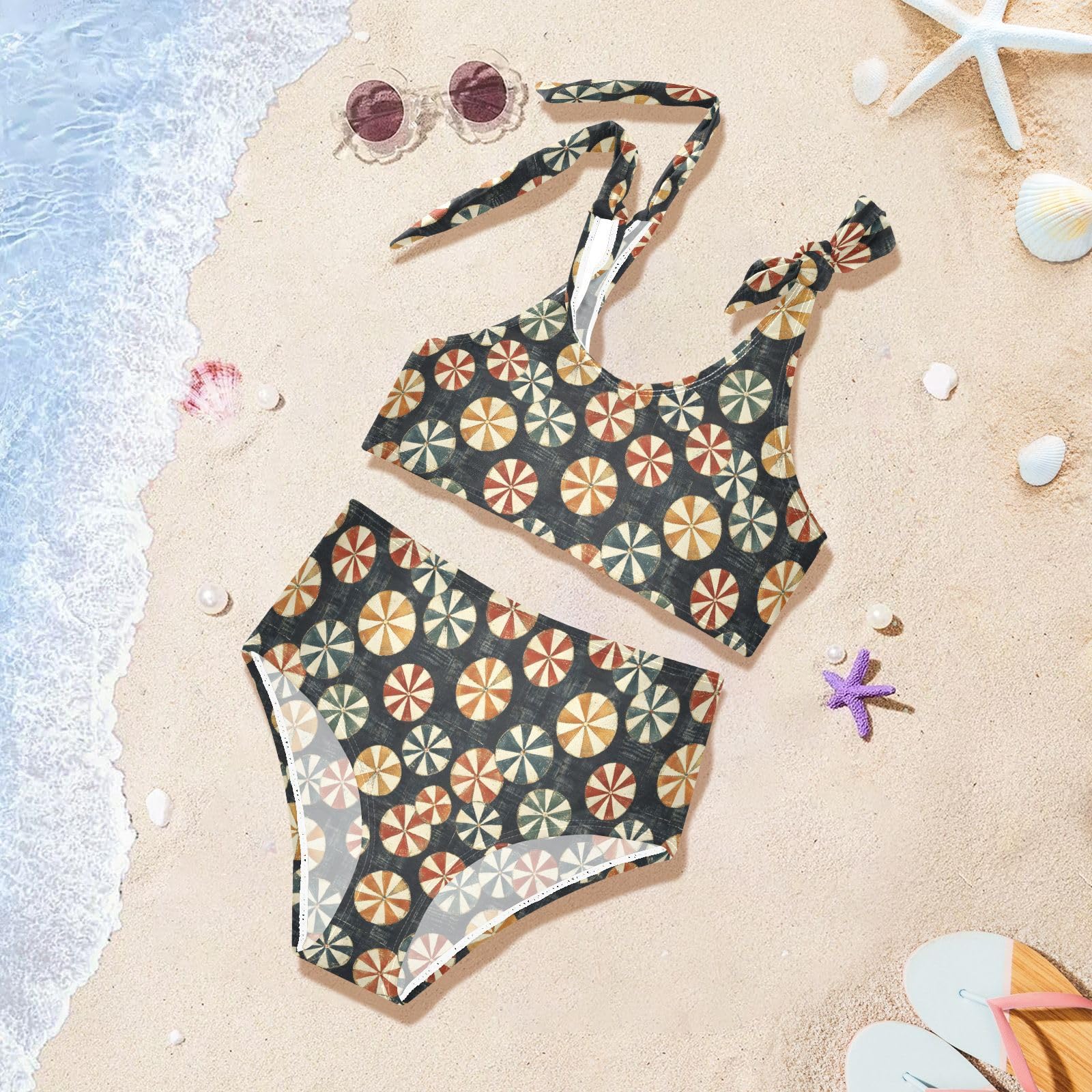 Round Candy Pattern Girls Two Piece Tankini Swimsuits Summer Bathing Suit Beach Swimwear Set, 11-12T Multicoloured