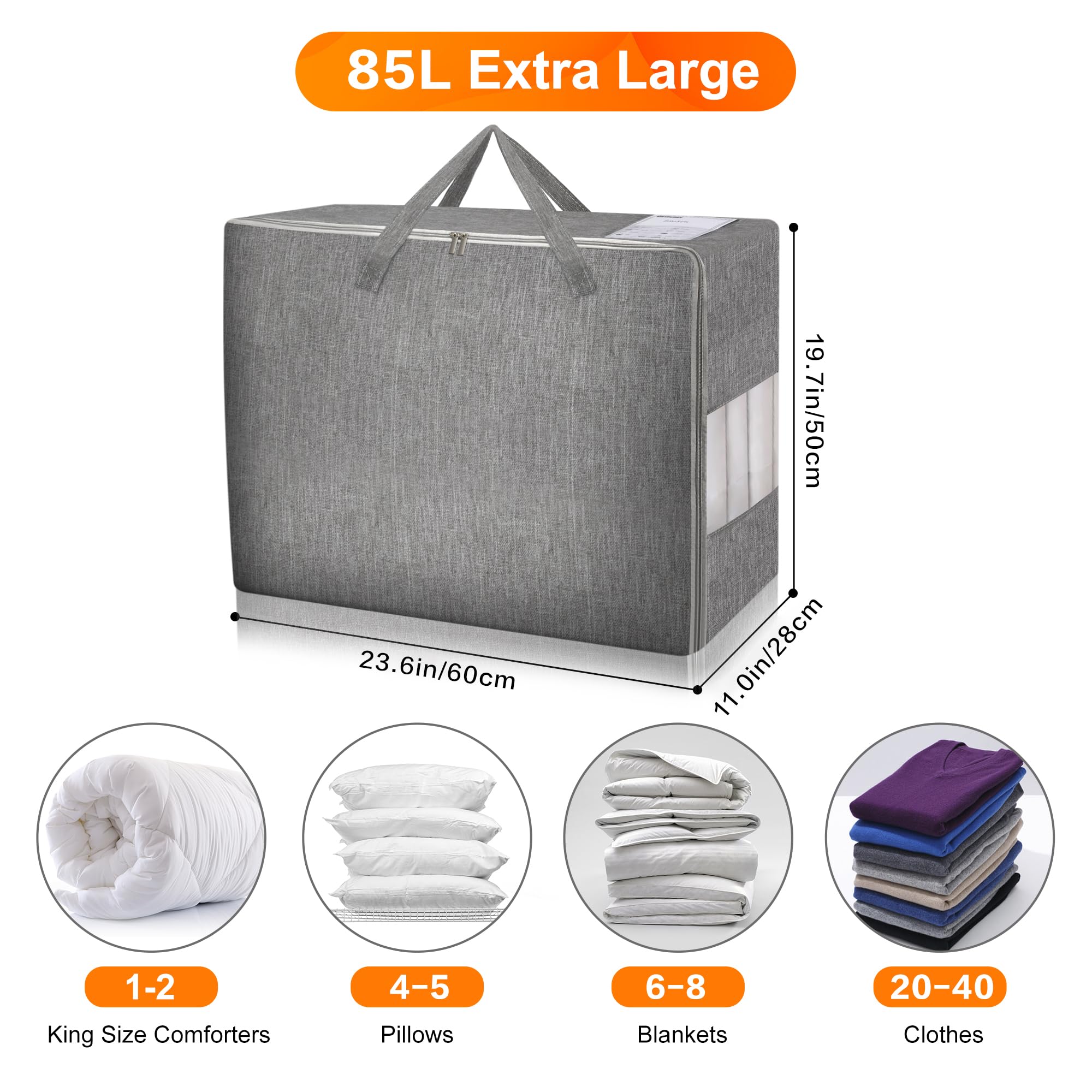 Lot de 2 sacs de rangement pour couette de 85 L, sacs de rangement de literie extra larges avec carte de catégorie et fenêtre transparente, poignées renforcées et fermetures éclair