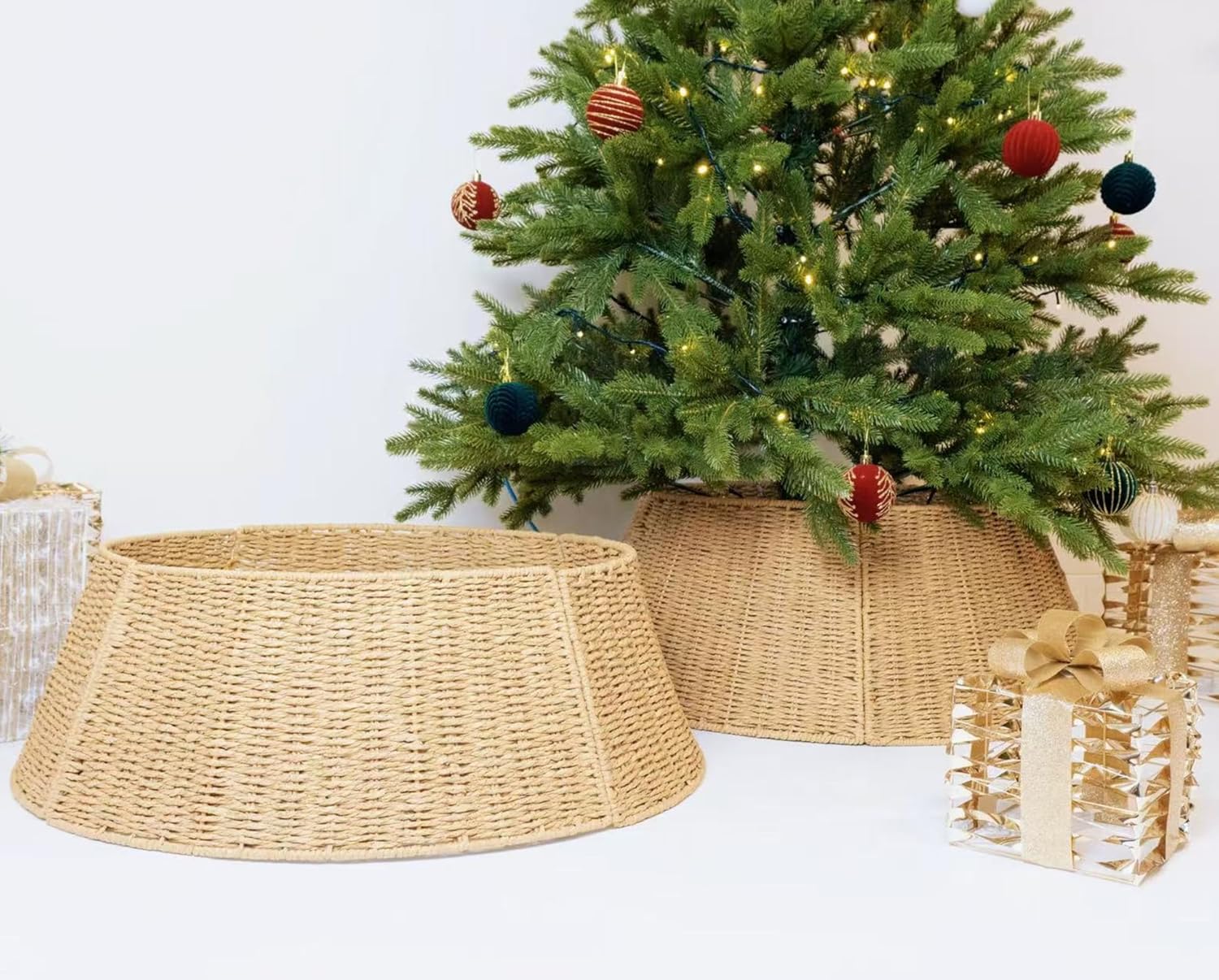 4-Piece Rattan Christmas Tree Collar, 26″ Handmade Woven Christmas Tree Ring, Xmas Tree Base Cover, Holiday Tree Skirt Accessory for Home, Living Room (Pure Natural) 4-Piece Rattan Christmas Tree Collar, 26″ Handmade Woven Christmas Tree Ring, Xmas Tree Base Cover, Holiday Tree Skirt Accessory for Home, Living Room (Pure Natural)