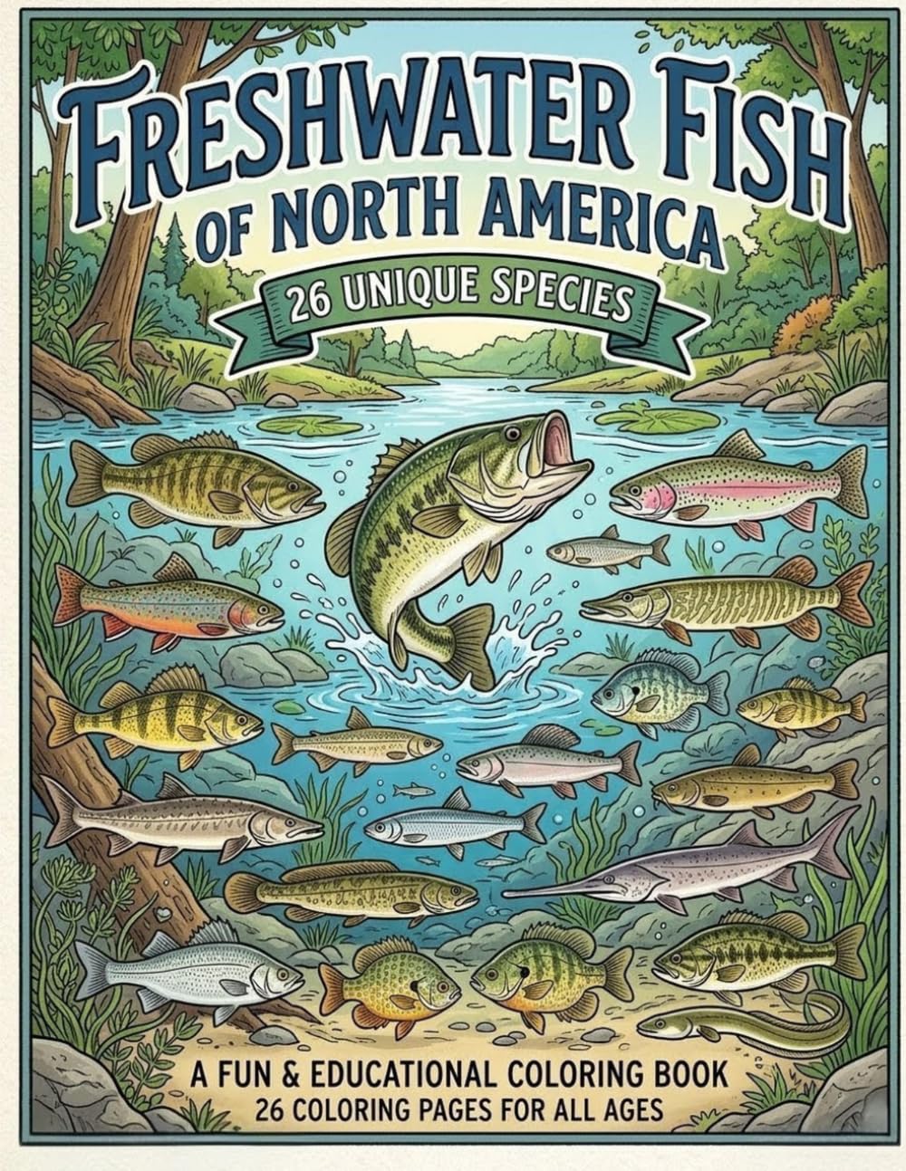 Freshwater Fish of North America Coloring Book: 26 Species to Color for Adults and Kids: 26 Species