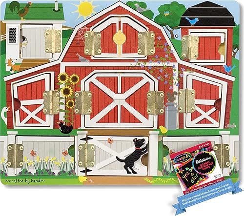 Melissa & Doug Granja Hide & Seek Tablero de actividades con imán de madera + paquete de minialmohadillas de arte rascar gratis 45926