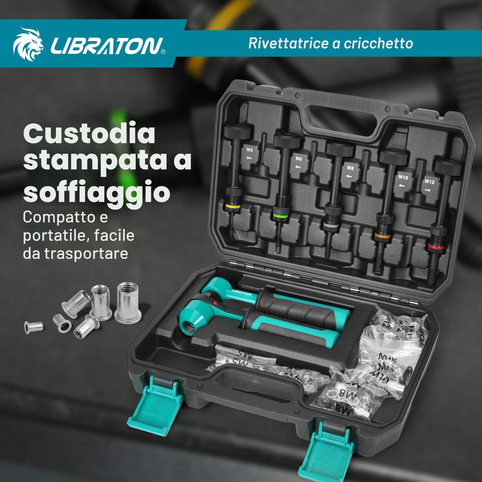 LIBRATON Rivettatrice per Inserti Filettati, Rivettatrice Manuale Inserti Filettati, Rivettatrice Filettati a Cricchetto, Filetti Pinza con 5 Mandrini Metrici, 5 Ugelli, 50 Rivetti Dadi, Scatola