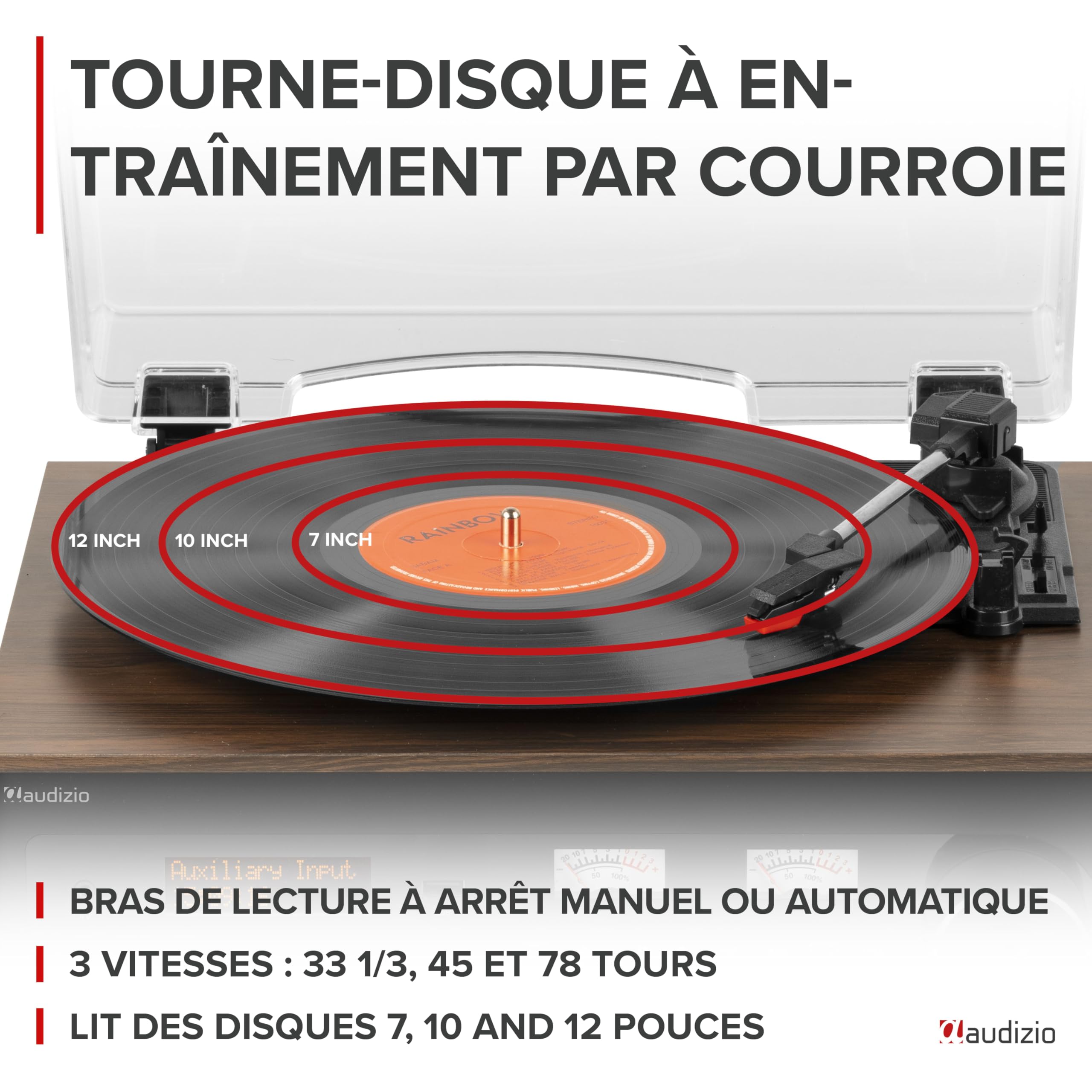 Audizio Boston Platine Vinyle Vintage Stéréo avec Enceintes 50 Watts - Couleur Noyer, BT, Lecteur CD, Radio Dab+, Vu-mètres, Un Tourne-Disque Tout-en-Un pour Les Amateurs de Vinyles