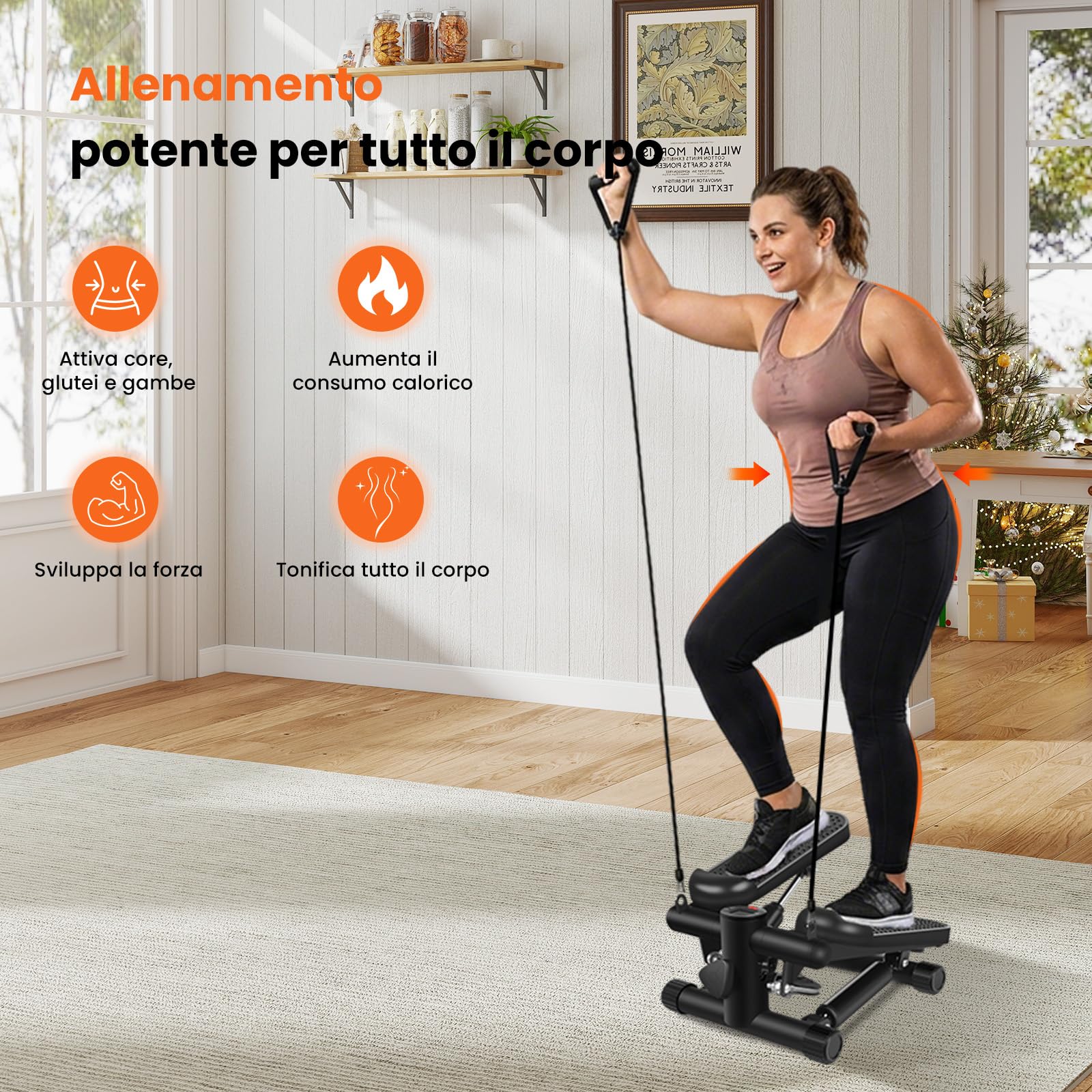 Mini stepper per esercizi a casa, resistenza regolabile per scale con monitor LCD, pedali antiscivolo e fasce di resistenza per allenamento cardio completo del corpo