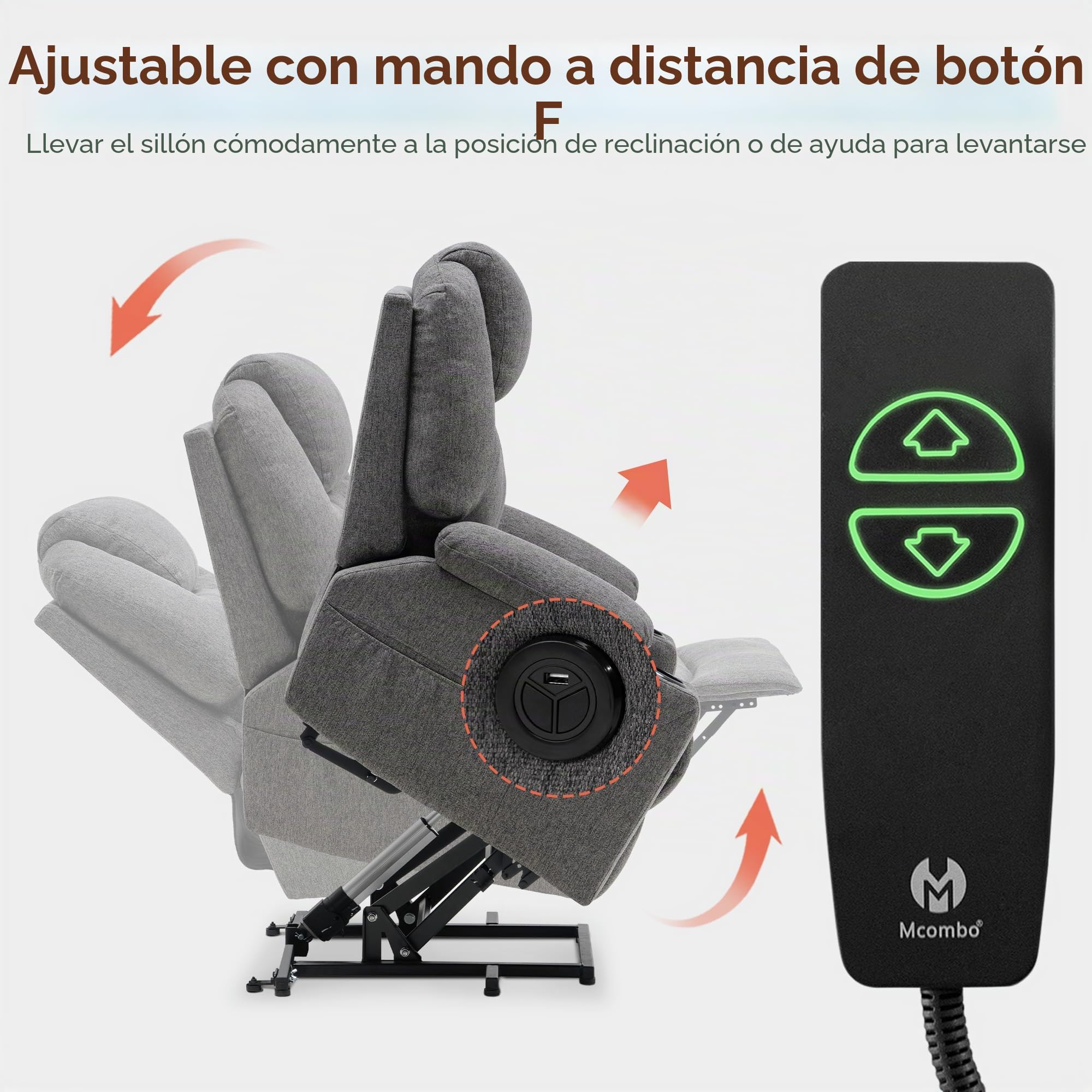 MCombo Sillón eléctrico para levantarse y relajarse, con calefacción, ajustable, conexión USB, color gris