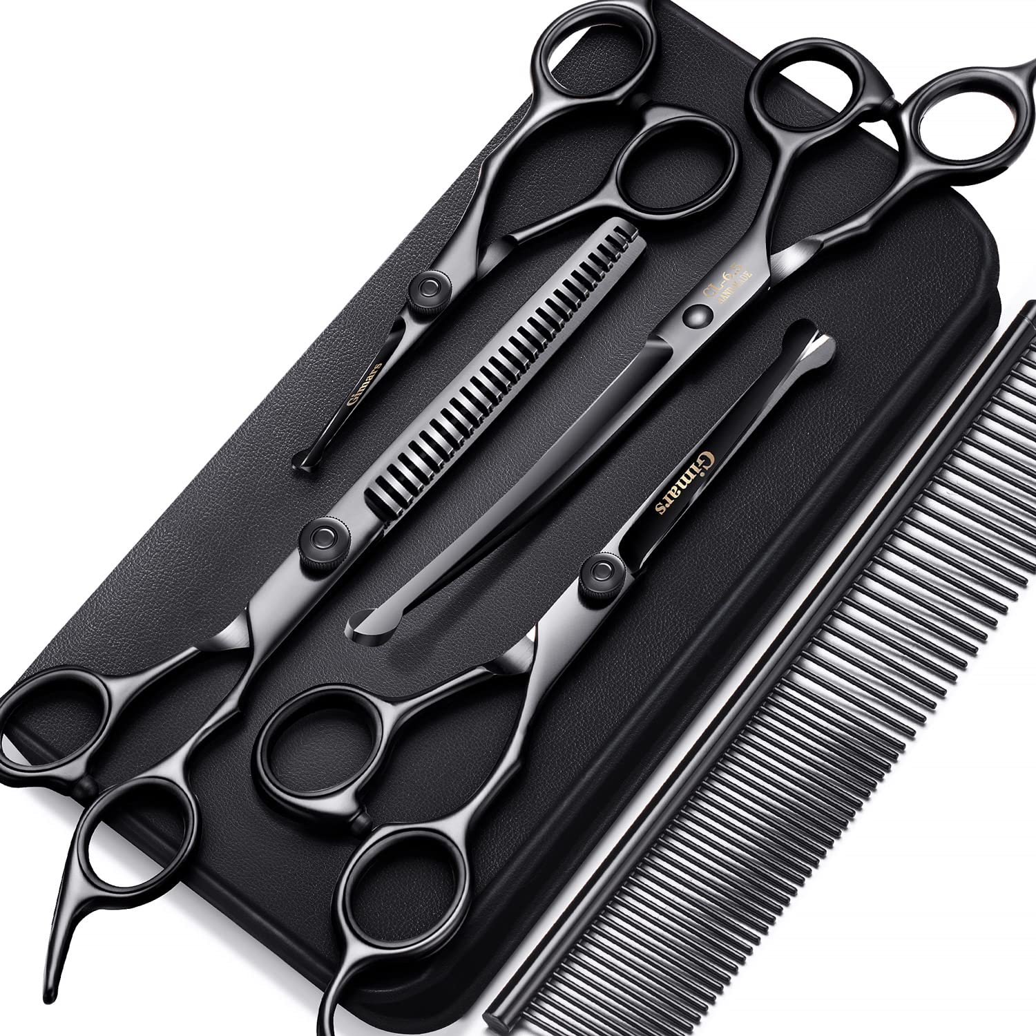 Gimars 7.0in 4CR Stainless Steel Safety Round Tip 6 in 1 Professional Dog Grooming Scissors Kit