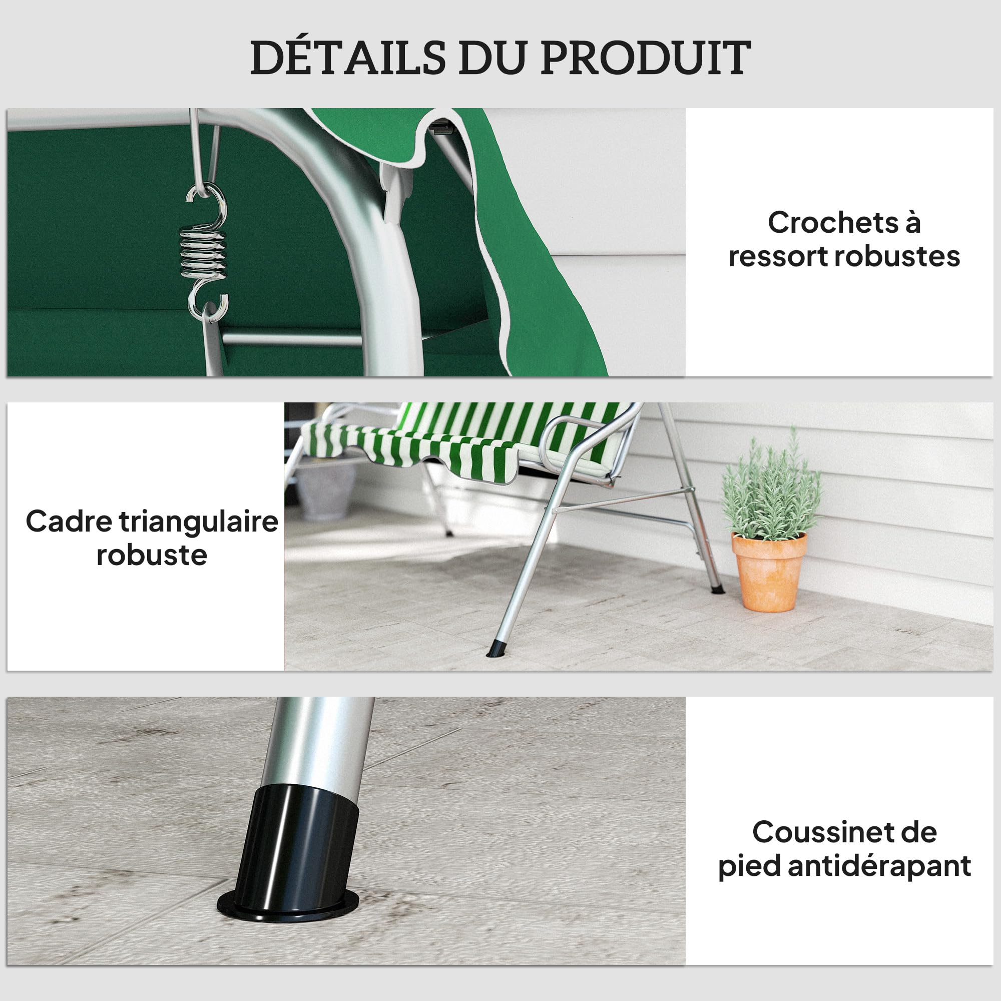 Outsunny Balancelle de Jardin 3 Places, balançoire extérieure Toit Inclinaison réglable, Motif à Rayures, avec Coussins Assise et Dossier, 1,7 x 1,1 x 1,53 m, métal Polyester, Vert