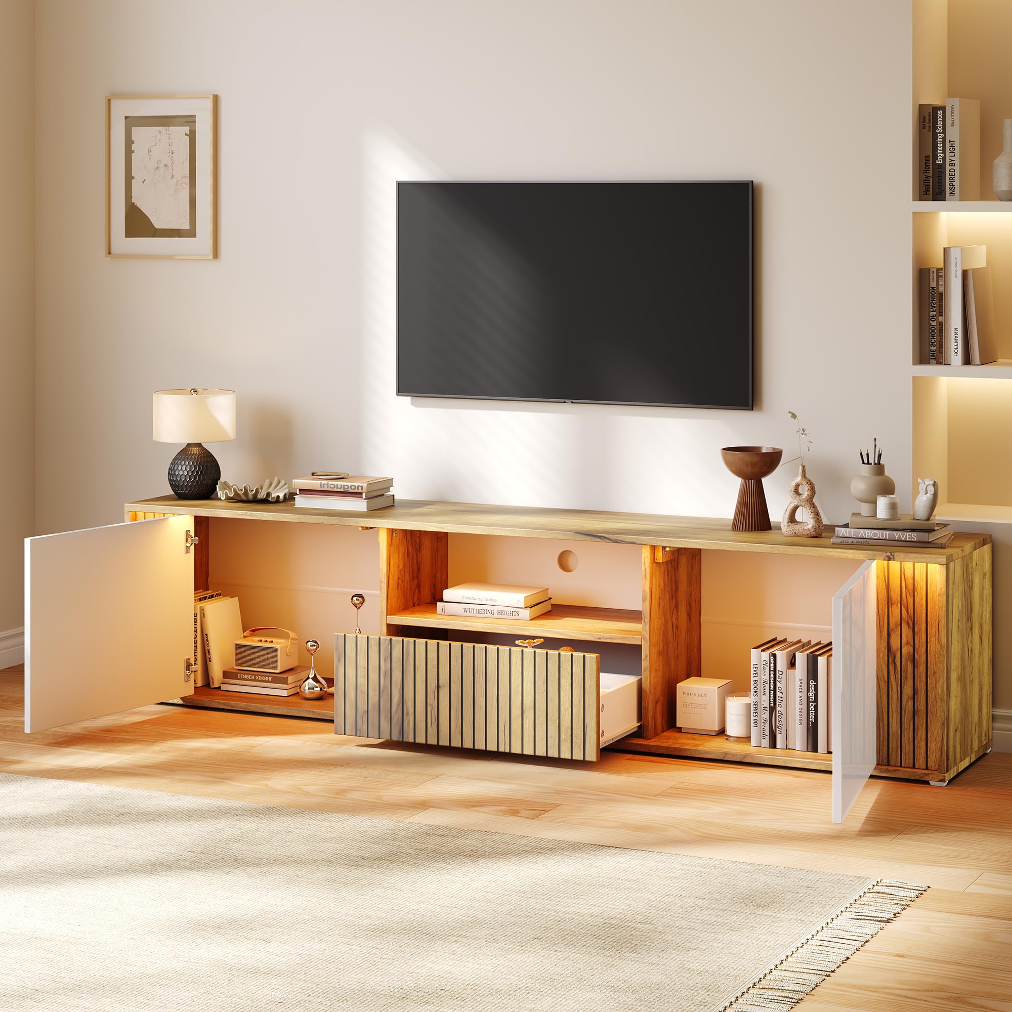 Mobile TV con luci a LED, mobile per TV, 180 cm (bianco + legno)