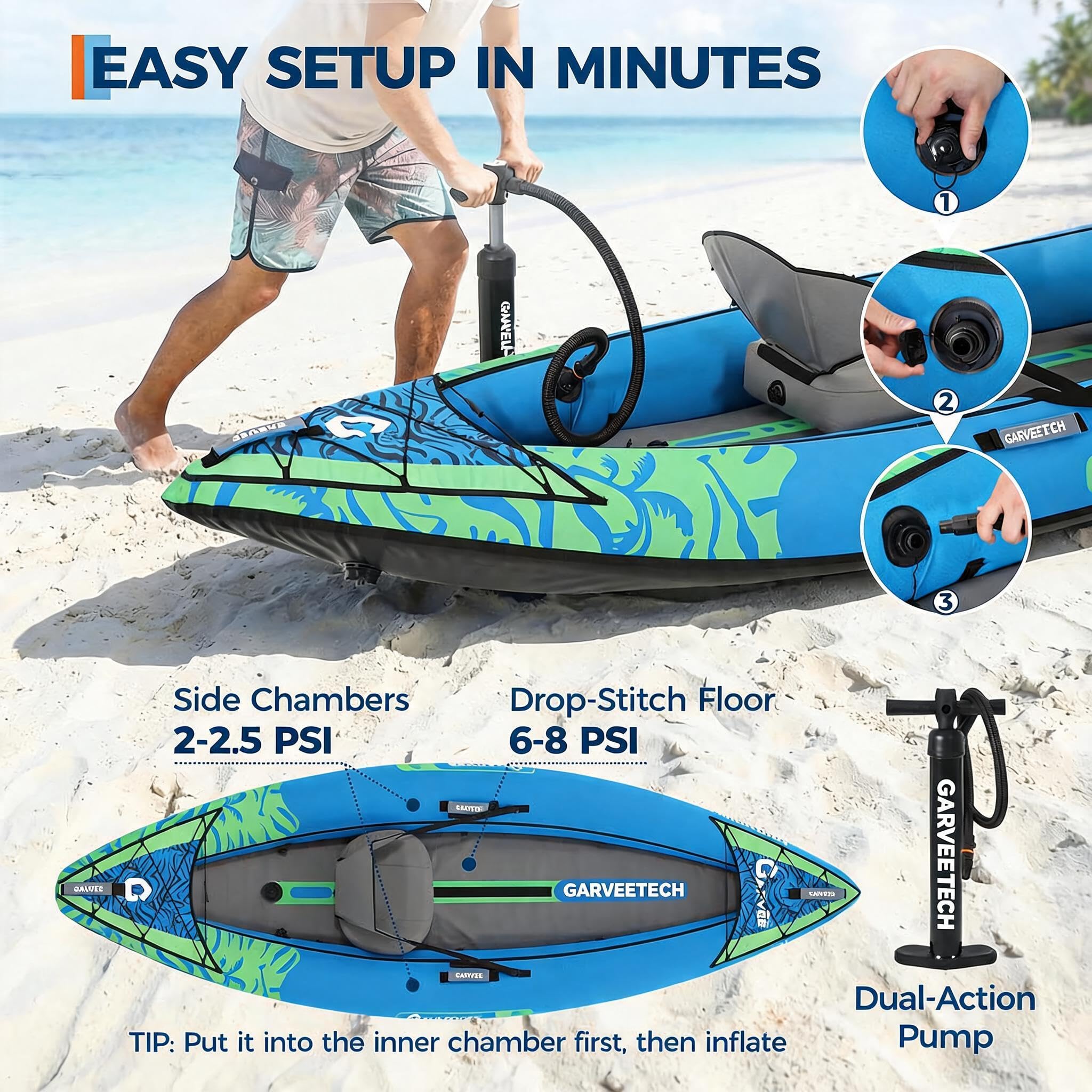 GarveeTech Kayak Inflable 1 Plaza, 900D Antipinchazos, 300x93x40 cm | Kayak inflable 1 plaza, 900D resistente a pinchazos, para lago y río, 300 x 93 x 40 cm
