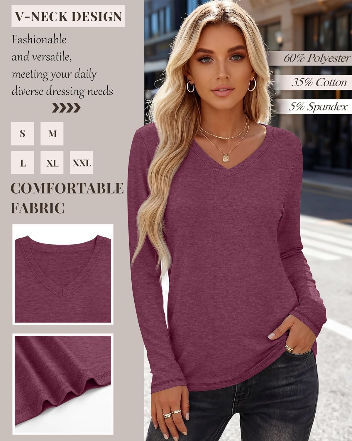 Neer 5 Pack Women's Long Sleeve Shirts, V Neck Tops Loose Fit Basic Tees Solid Trendy Fall Casual Blouses - Image 4