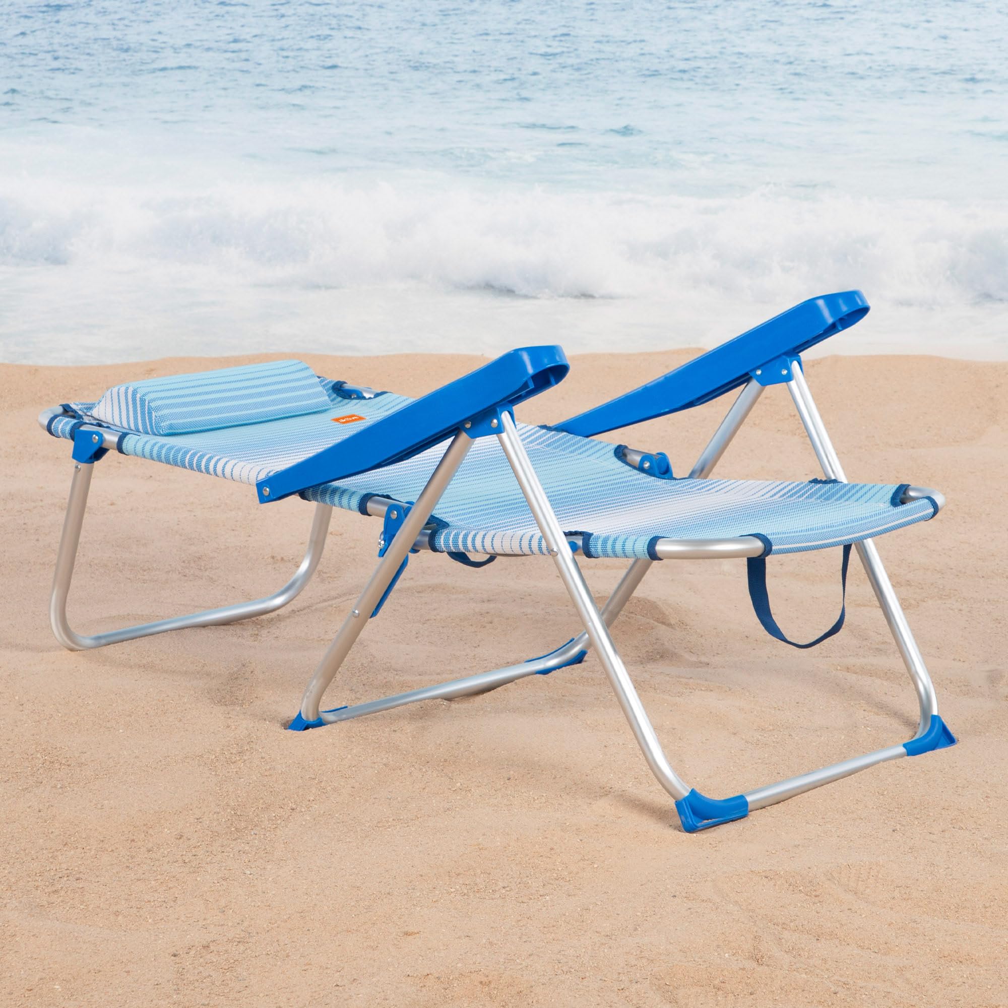 AKTIVE Pack 2 sillas de Playa Plegables y reclinables, Azul Rayas, 48 x 60 x 90 cm, 5 Posiciones, cojín Acolchado, asa de Hombro, reposabrazos ergonómicos, topes antivuelco, soporta 110 kg (85515)