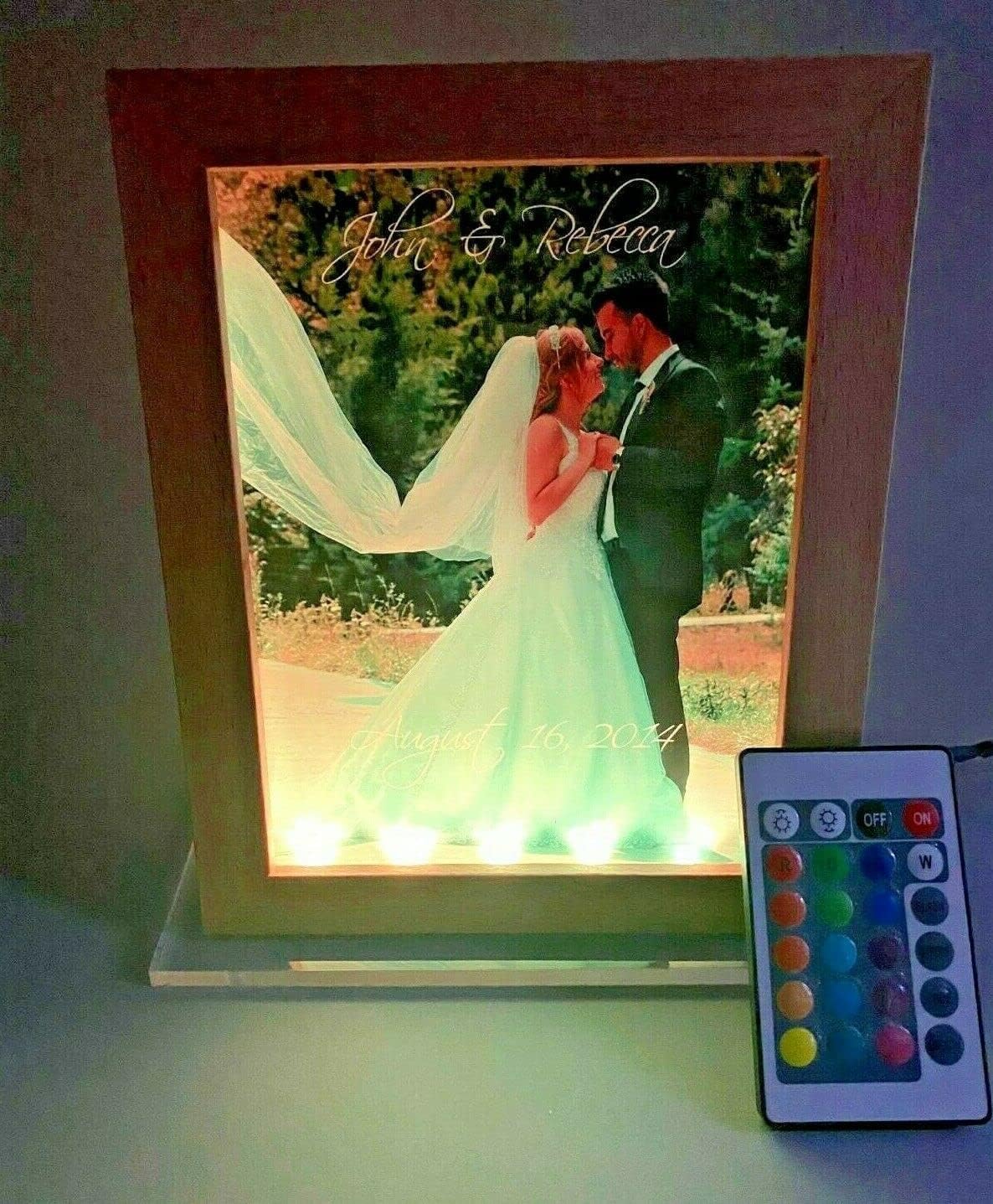 Large Custom Free Standing Premium Wood Loved Ones Picture Photo Frame With Your Photo UV Printed LED 7" x 8.75" Desk Table Light Personalized Laser Engraved With Remote and 16 Colors Changing!