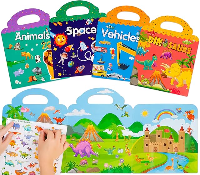 Reusable Sticker Books Toys for Kids - 4 Pack Stickers Books for Age 2 3 4 Year Old Boys Girls Toddlers, 3D Clear Animal Space Vehicles Dinosaur Sticker Book Educational Learning Toy Birthday Gifts