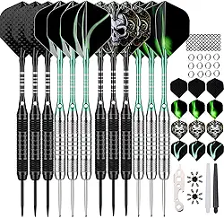 Conjunto de 12 dardos de metal com ponta de metal 22/24 gramas, dardos de ponta de aço para alvo com eixos de alumínio premium, 50 anéis extras de borracha 6 eixos de nylon, 24 voos, 12 anéis de mola, 16 protetores de voos, 1 kit de ferramentas