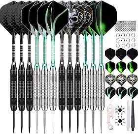 Conjunto de 12 dardos de metal com ponta de metal 22/24 gramas, dardos de ponta de aço para alvo com eixos de alumínio premium, 50 anéis extras de borracha 6 eixos de nylon, 24 voos, 12 anéis de mola, 16 protetores de voos, 1 kit de ferramentas