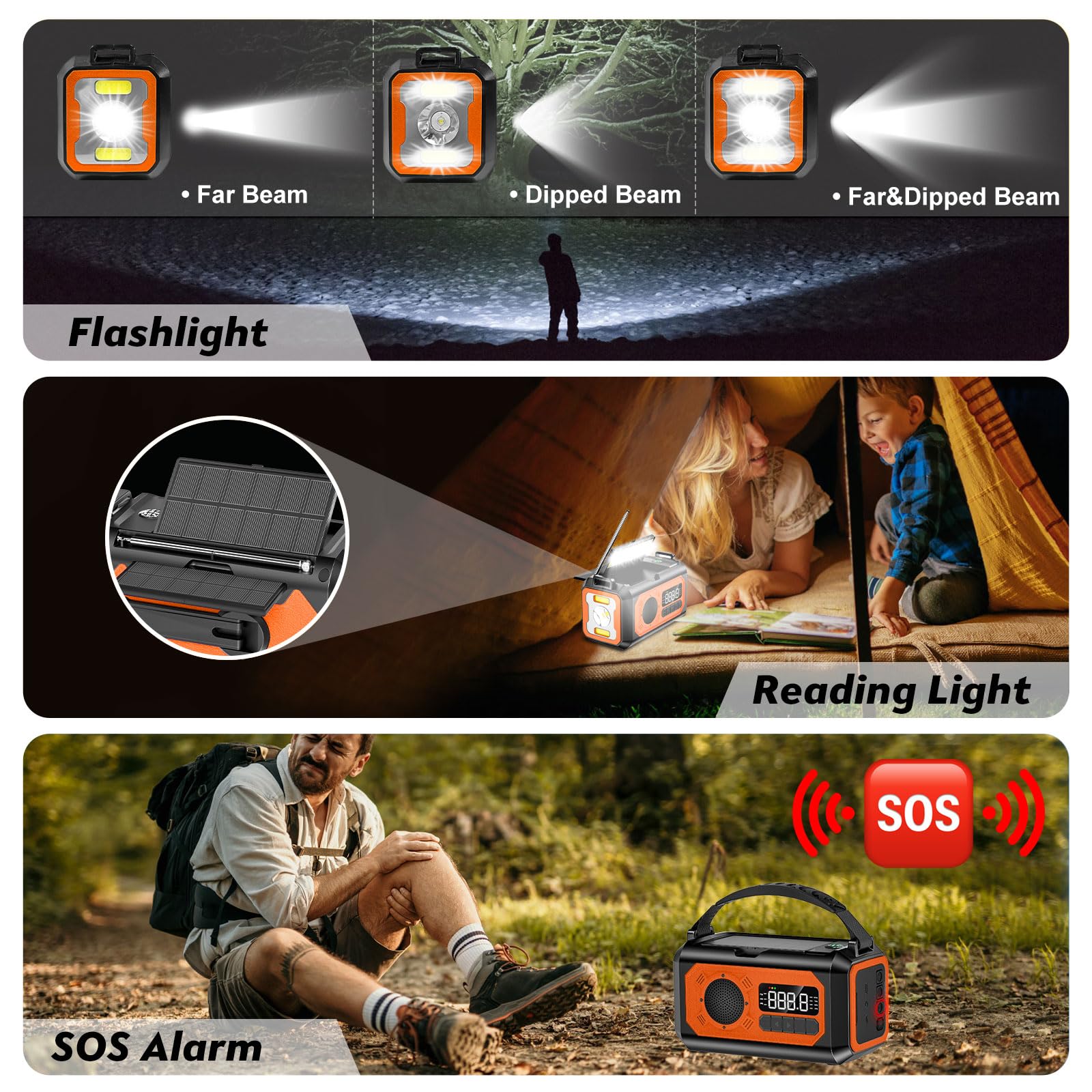 12000mAh Kurbelradio mit Handyladefunktion, Solar Radio mit 2 Sonnenkollektoren, AM/FM Tragbar Notfallradio mit Kopfhöreranschluss/Leseleuchte/LED Taschenlampe/Kompass/SOS Alarm für Camping Outdoor