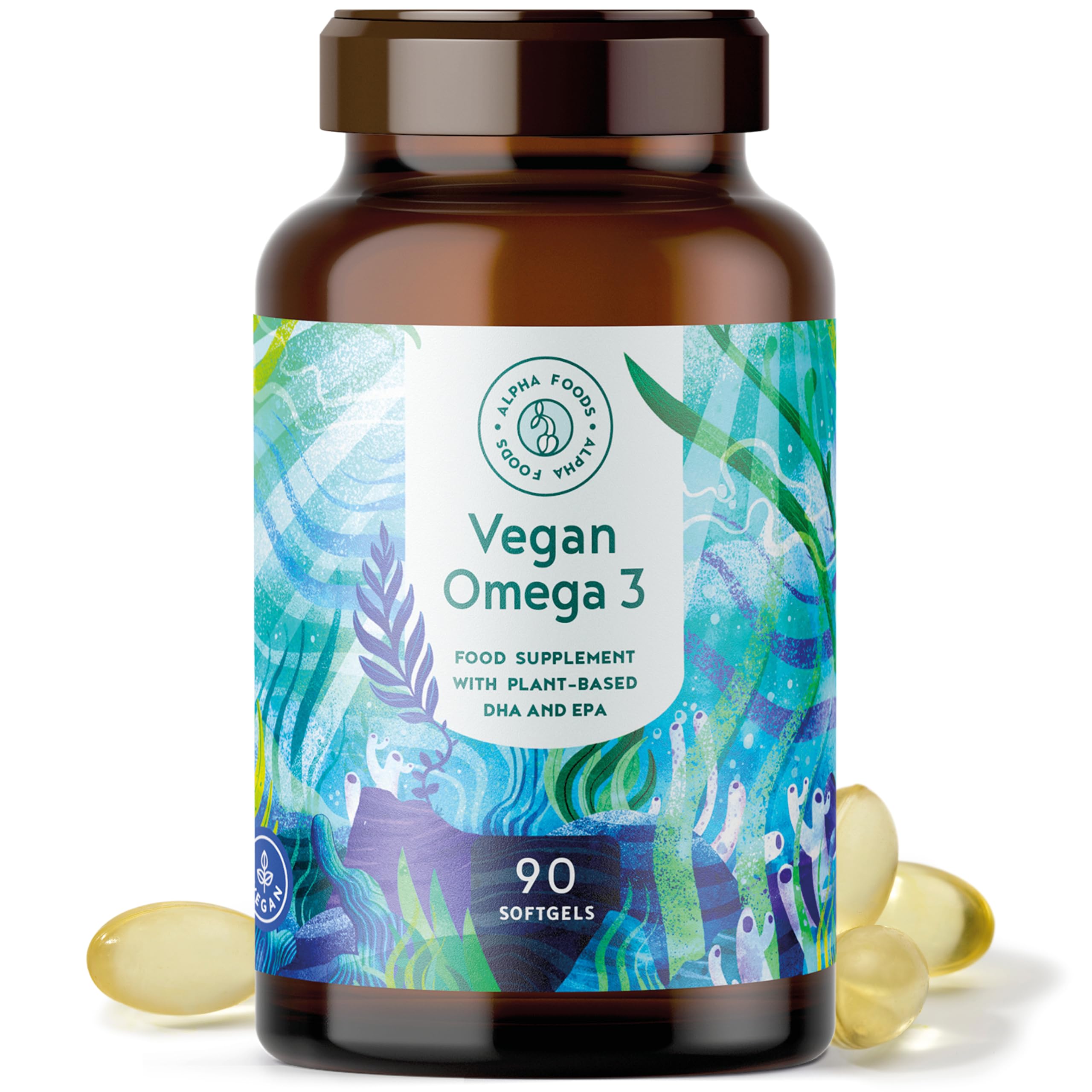 Omega 3 Vegan | Hochdosiert aus Algenöl | 1500mg pro Tagesdosis mit EPA 225mg und DHA 450mg | 90 vegane Softgel-Kapseln | leicht zu schlucken | für Veganer geeignet, nachhaltig | Alpha Foods