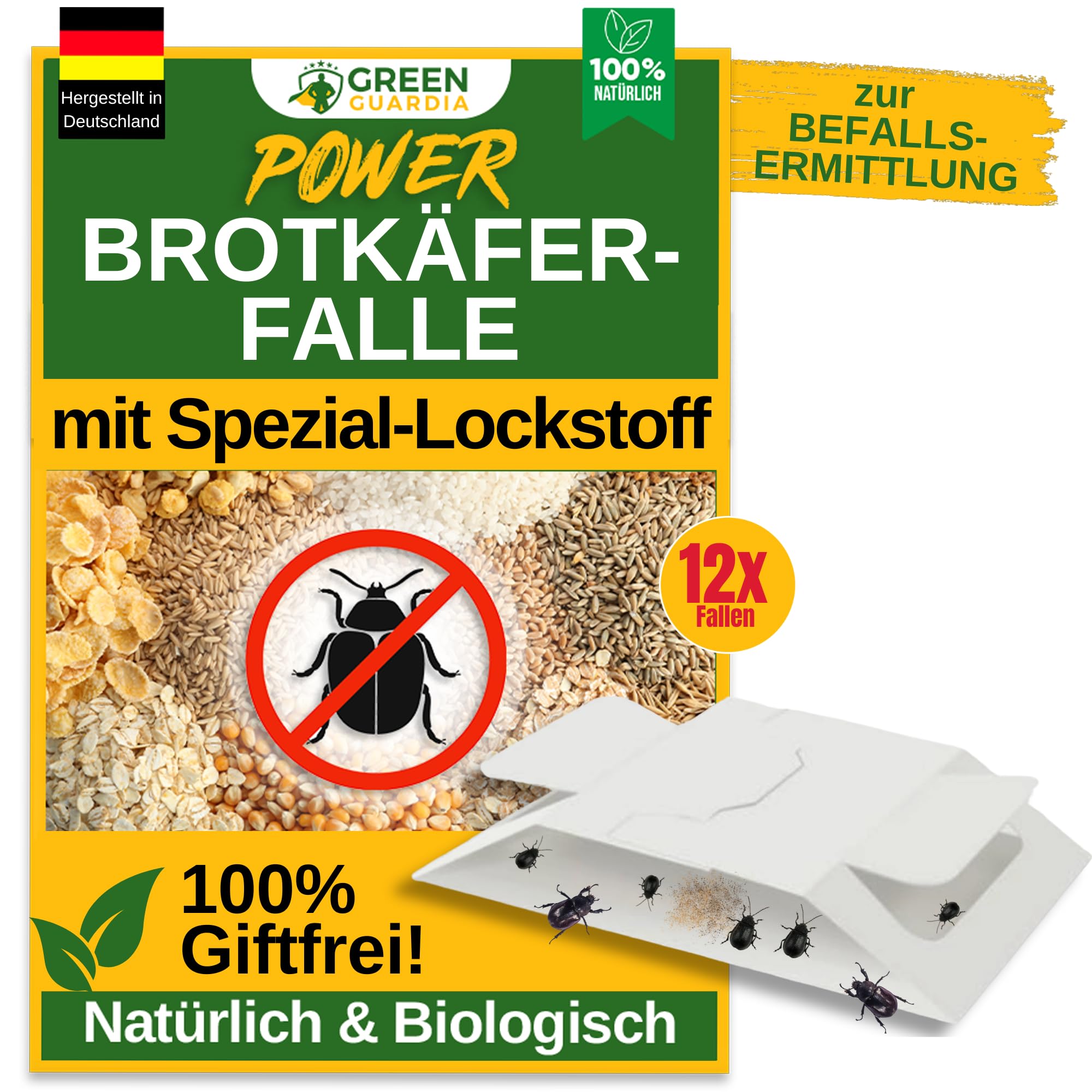 GREEN GUARDIA Brotkäfer Falle mit Spezial-Lockstoff - 12x Brotkäfer Fallen - umweltfreundlich Brotkäfer bekämpfen, Chemiefreie Falle mit starker Klebefläche, giftfrei & geruchsneutral