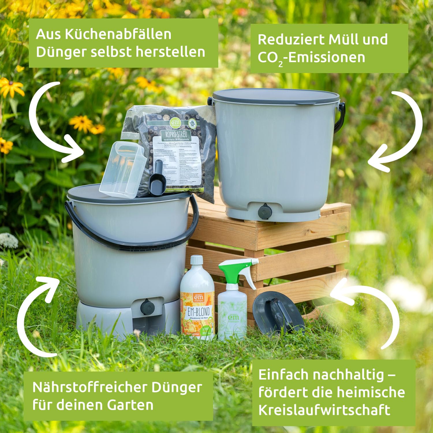 EM-Chiemgau Komposteimer Küche Geruchsdicht [2er Set] je 15,3 L Volumen Küchenabfalleimer Bokashi Set Eimer Komposter mit Zubehör für Küchenabfall, Mülltrennung & Kompostieren | Biomülleimer (grau)
